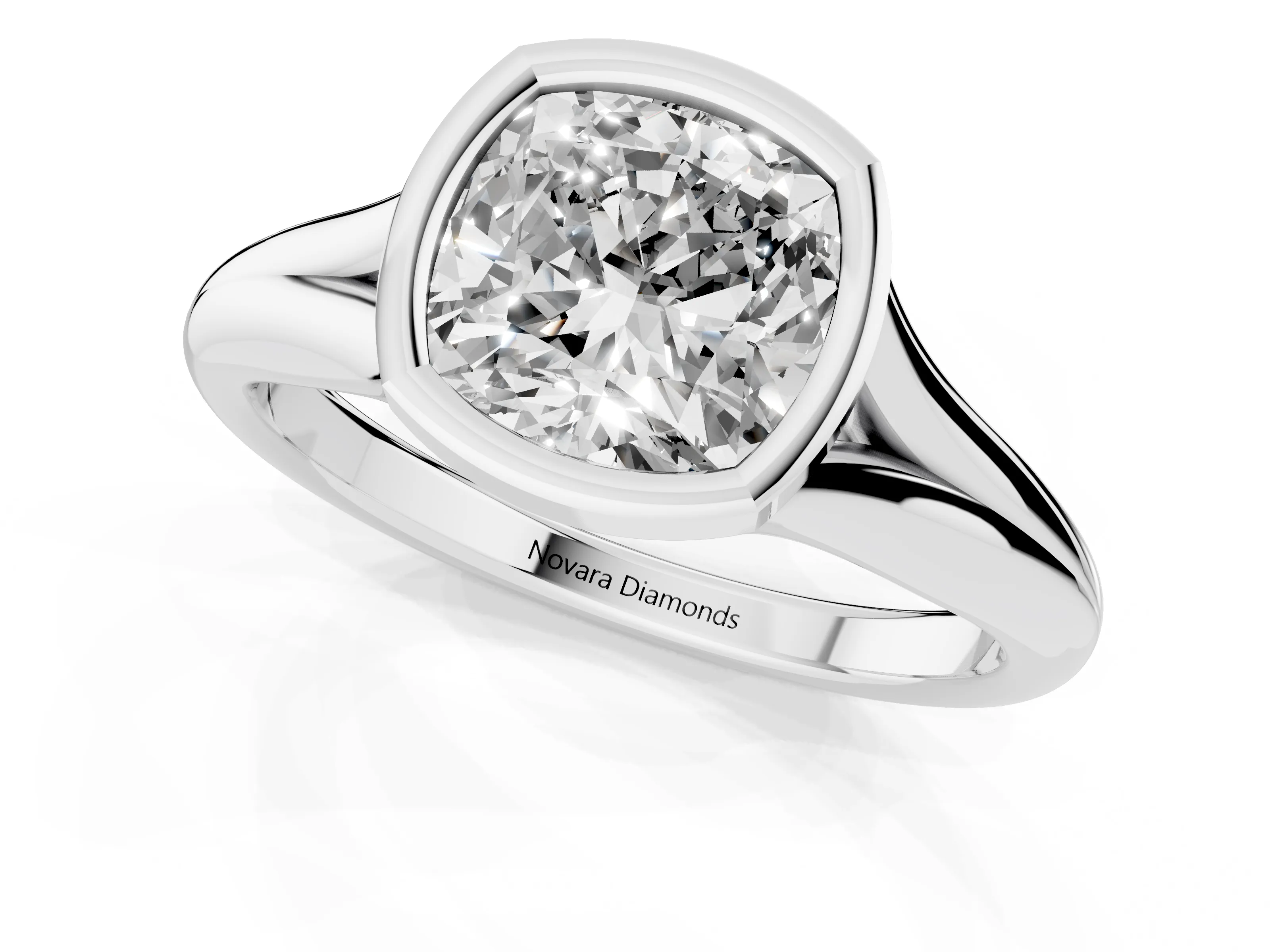 Bezel Set Cushion Cut Diamond Solitaire Ring Set in White gold with Smooth Band