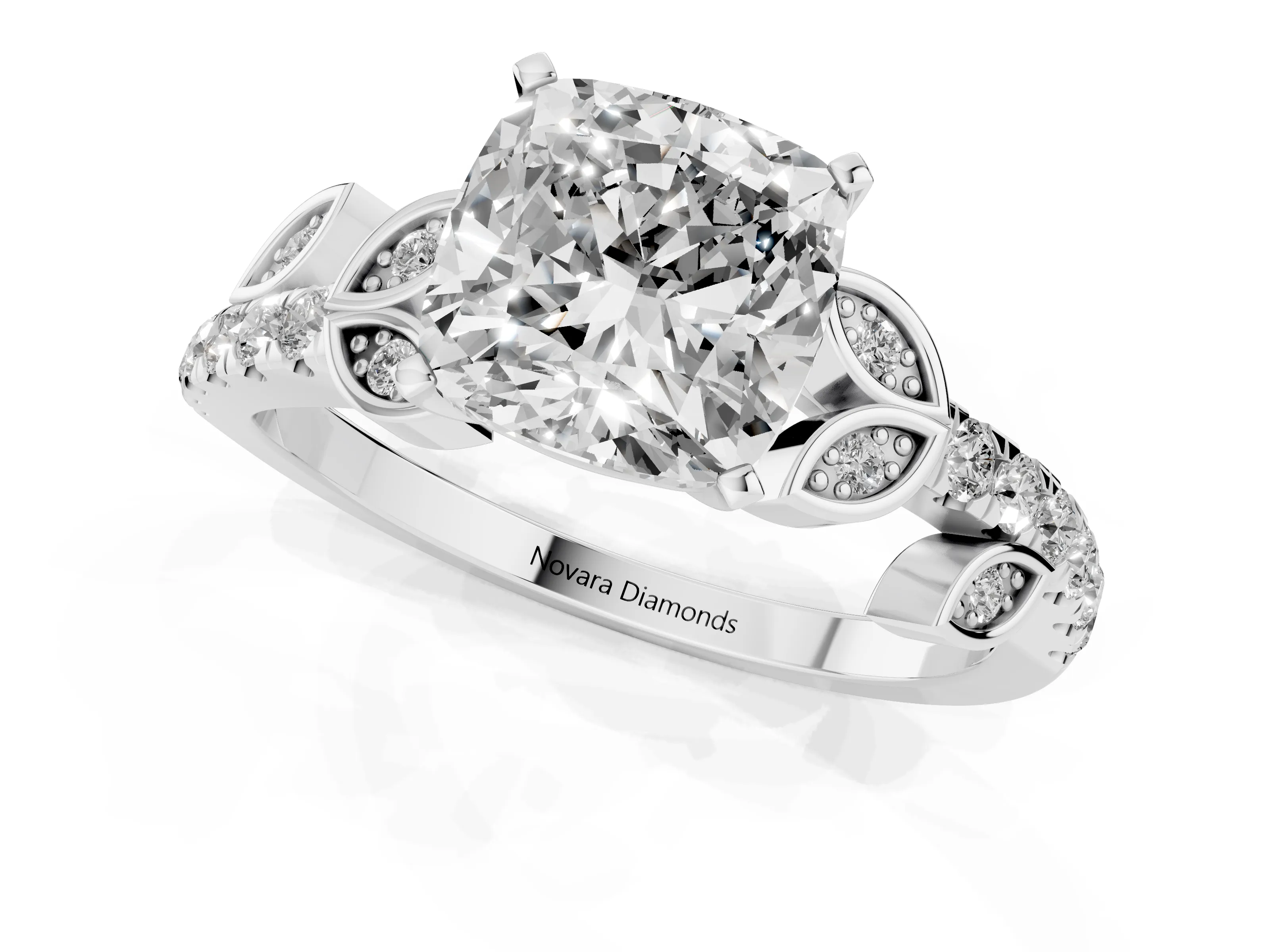 Cushion Cut Diamond Solitaire Leaf-Inspired Ring Set in Platinum with Pavé Band and Prong Setting