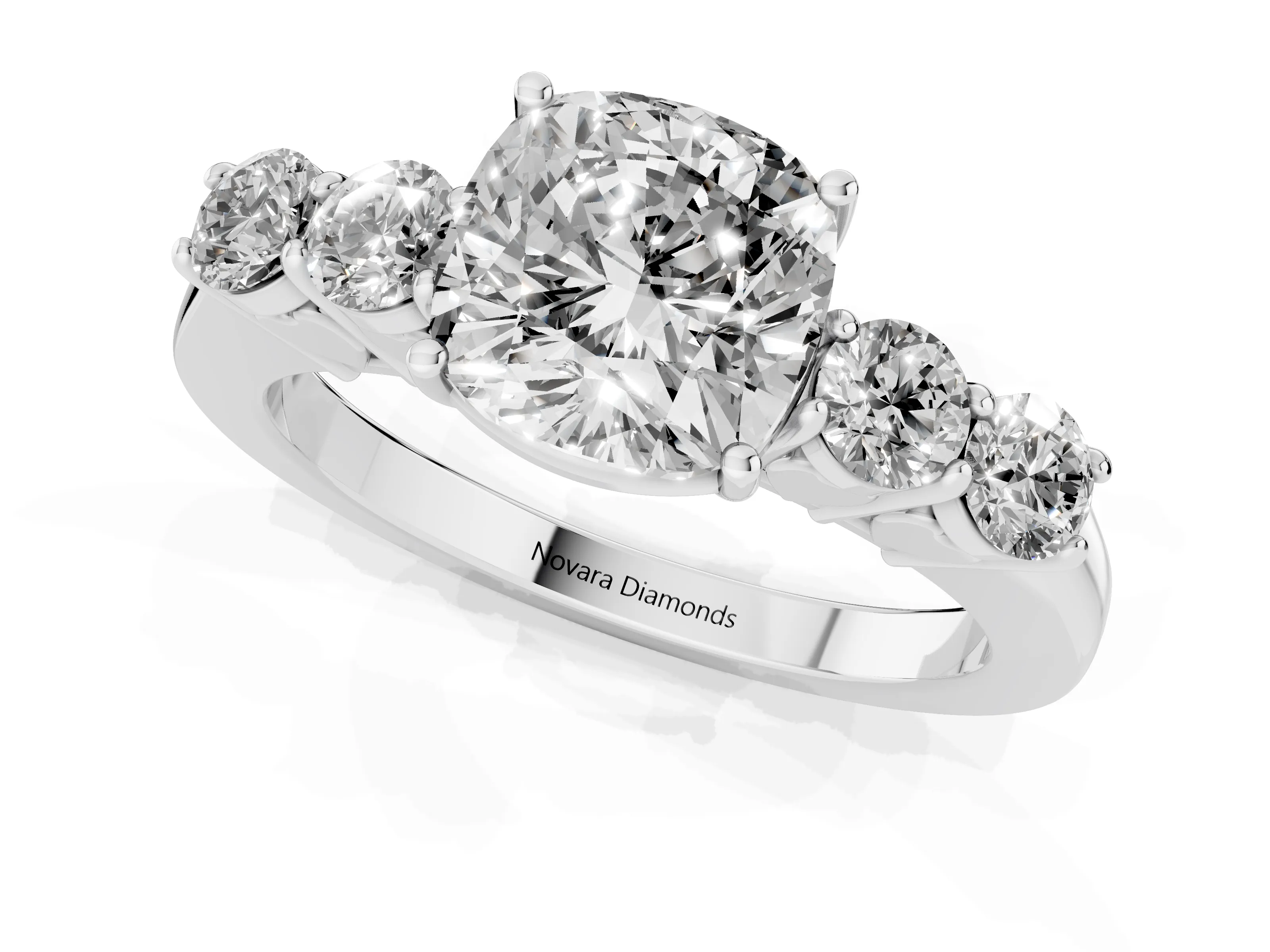 Cushion Cut Diamond Five-Stone Prong Set Band Ring Set in White gold with Polished Band