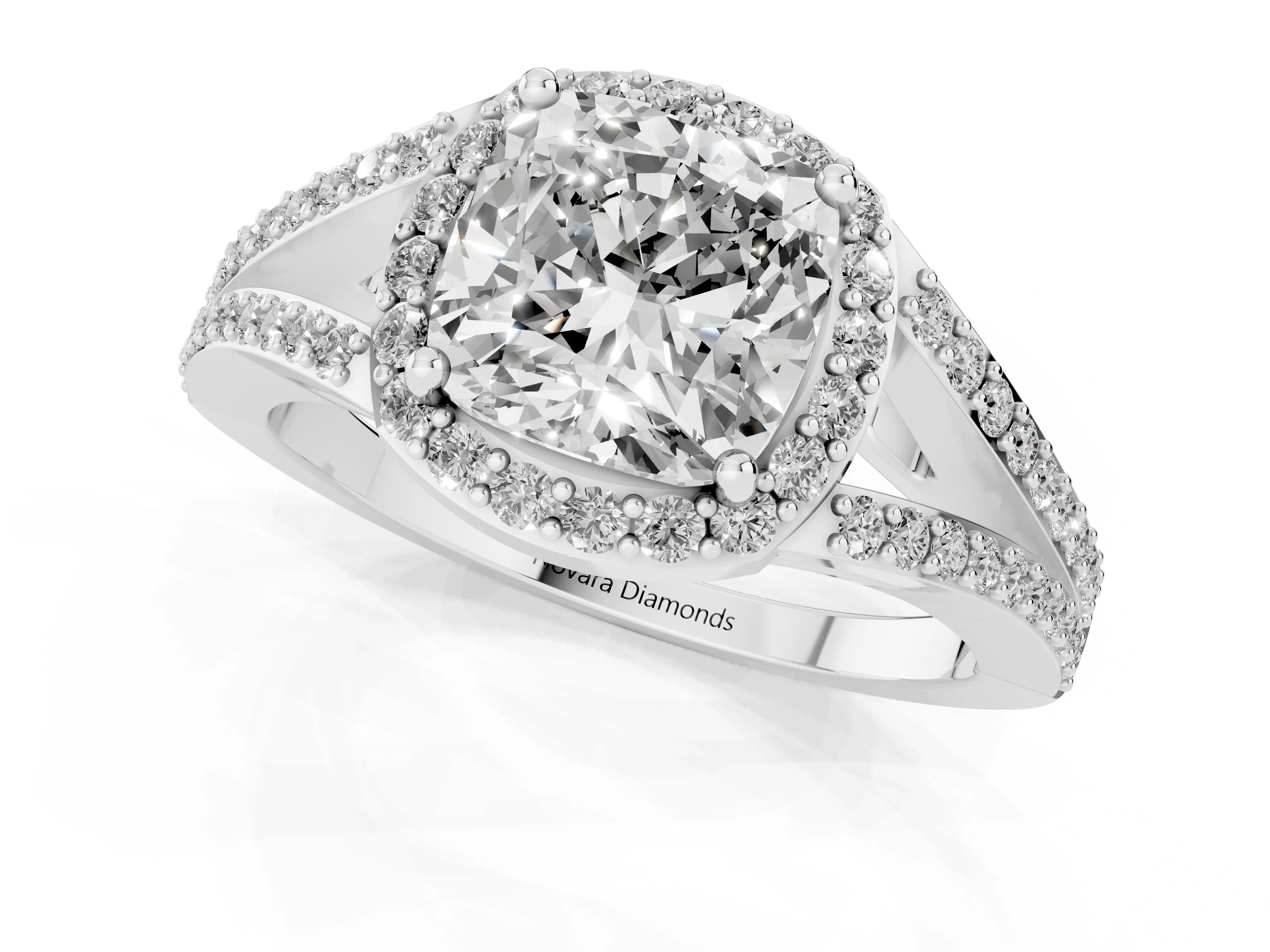 Cushion Cut Diamond Halo Split Shank Ring Set in Platinum with Accent Stones and Prong Setting – second view