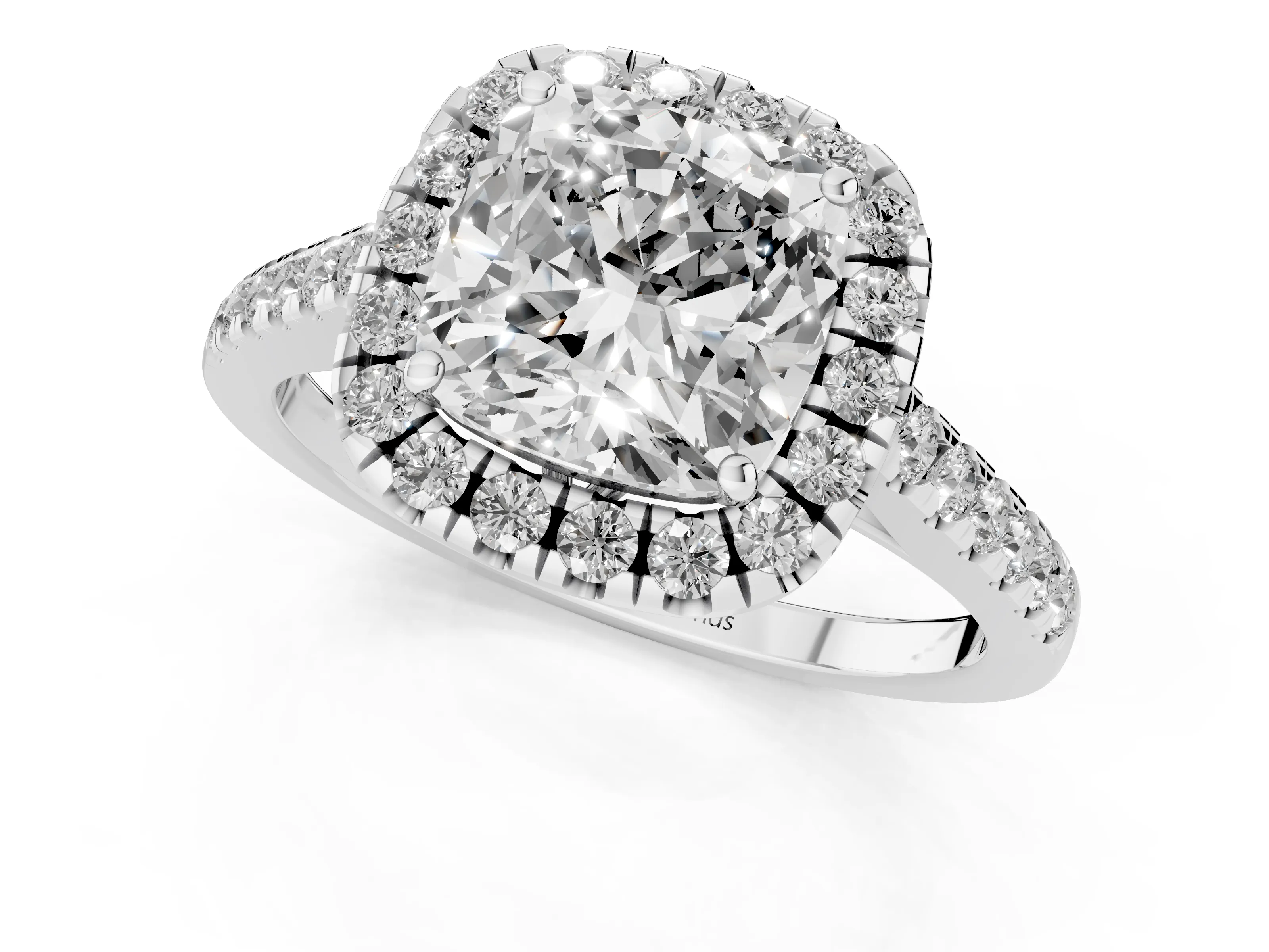 Cushion Cut Diamond Pavé Halo Engagement Ring Set in Silver with Pavé Band and Prong Setting