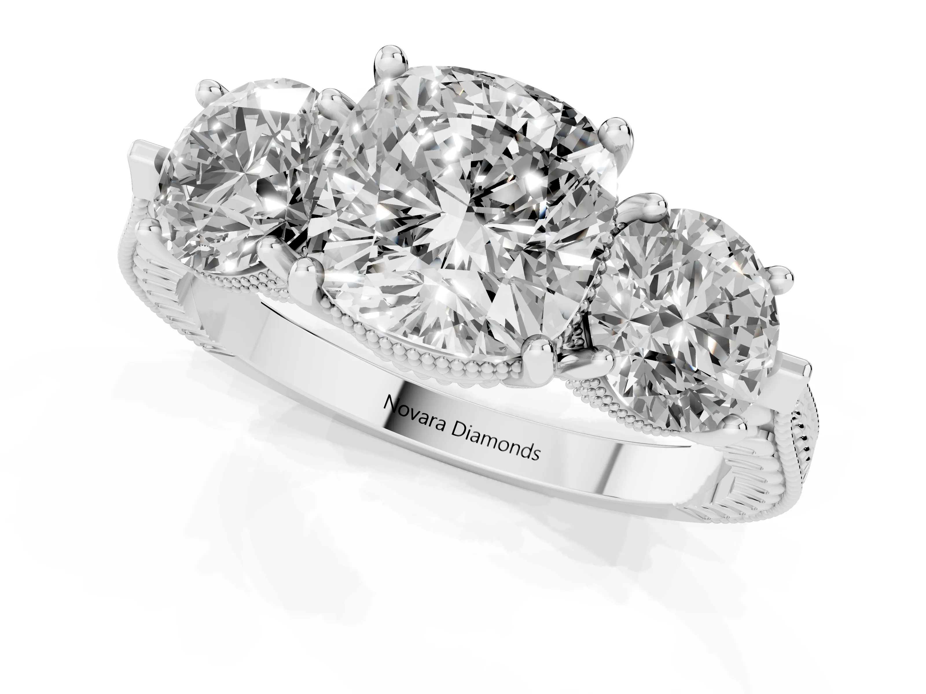 Cushion Cut Diamond Three-Stone Ring Set in Silver with Milgrain Band