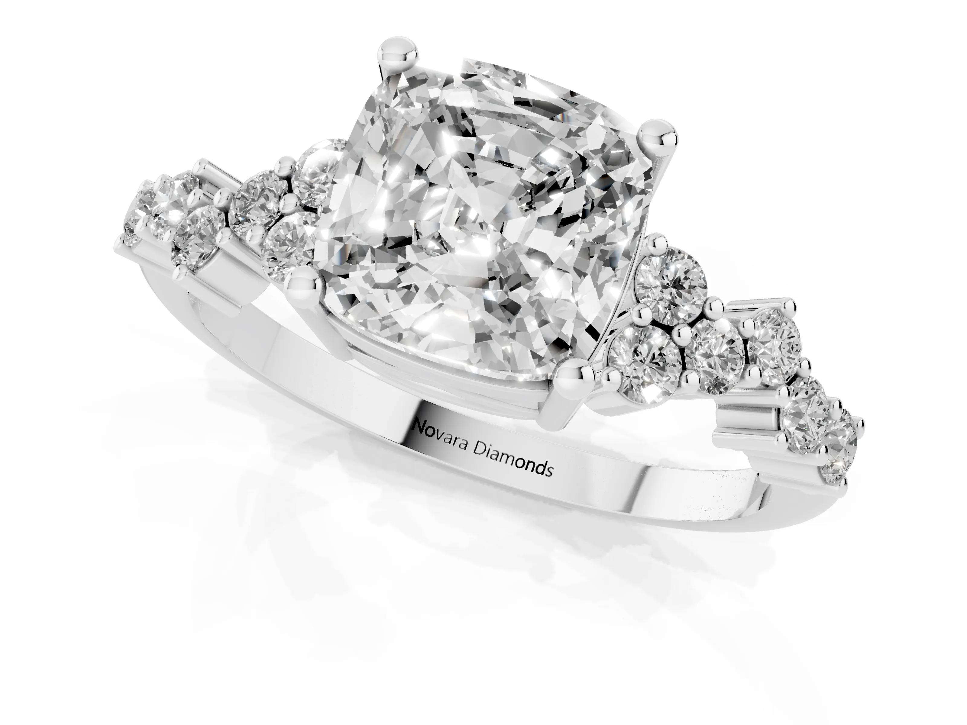 Cushion Cut Diamond Ring Set in Platinum with Scattered Round Accents