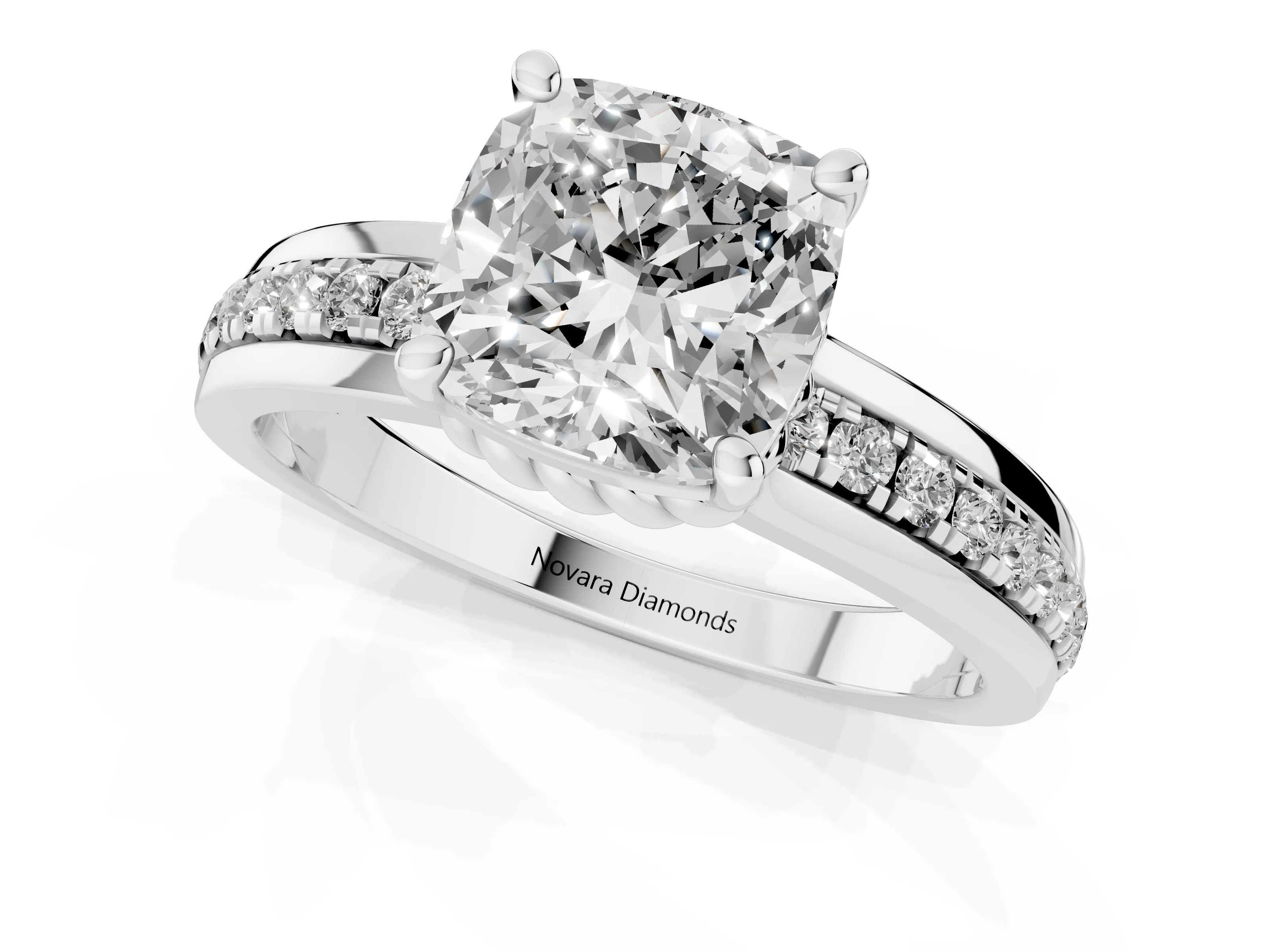 Cushion Cut Diamond Solitaire Ring Set in Platinum with Channel Set Band and Prong Setting