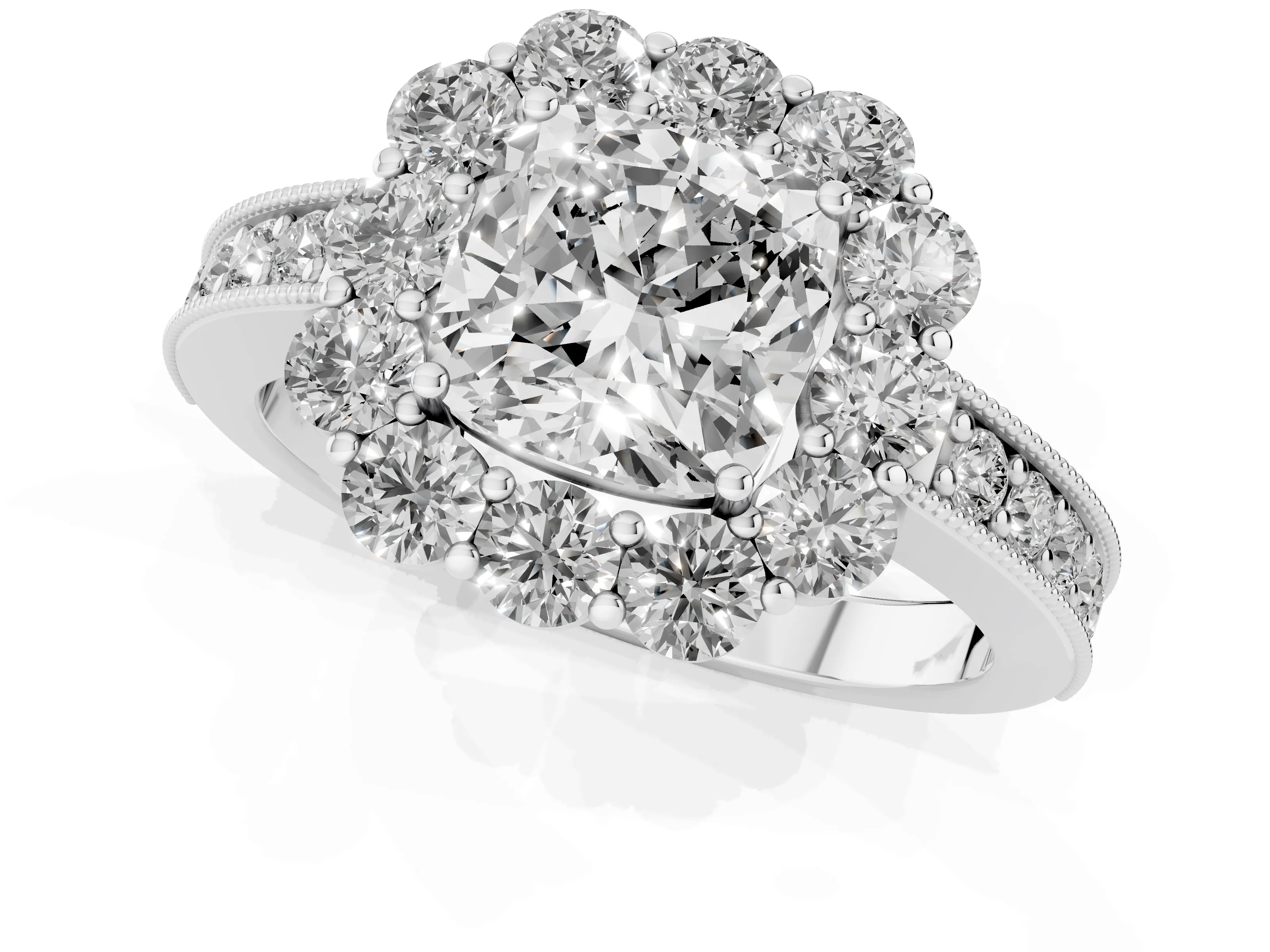 Cushion Cut Diamond Halo Pavé Engagement Ring Set in White gold with Milgrain Detailing