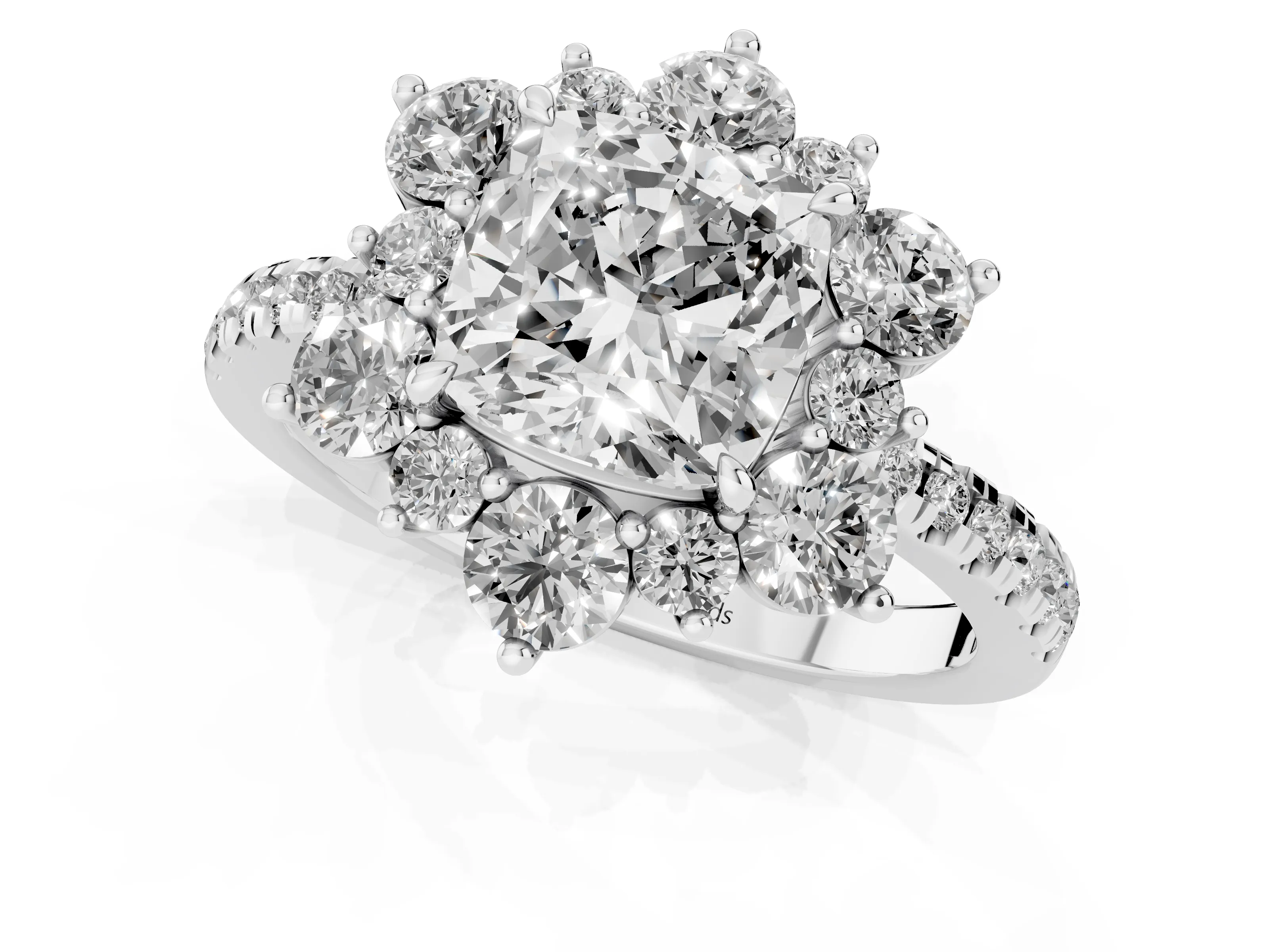 Cushion Cut Diamond Floral Halo Ring Set in Platinum with Round Pavé Band and Prong Setting