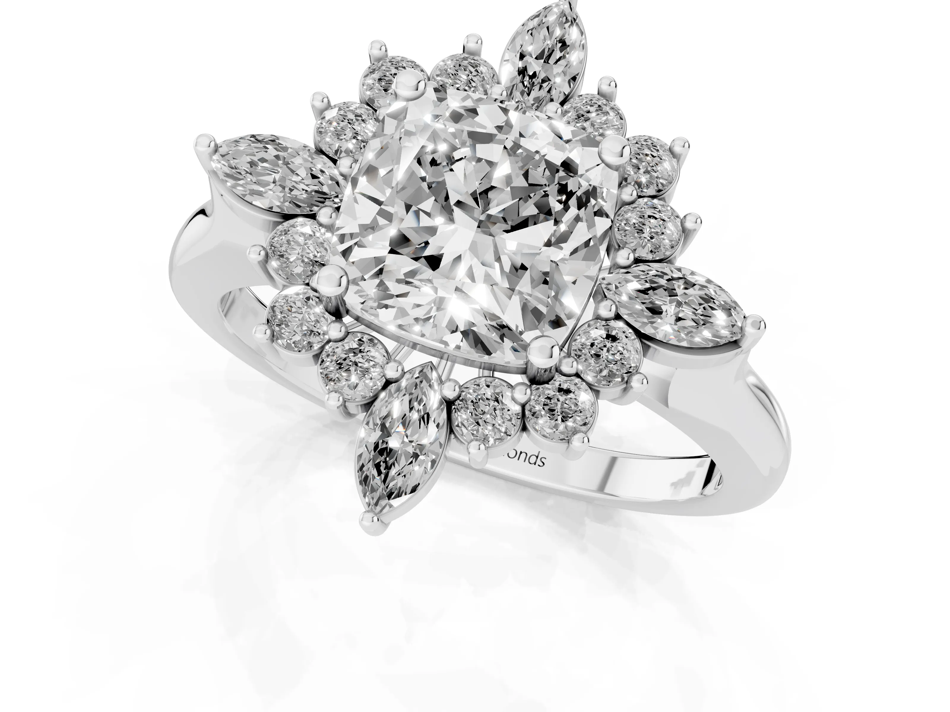 Cushion Cut Diamond Cluster Halo Ring Set in Silver with Marquise and Round Accents