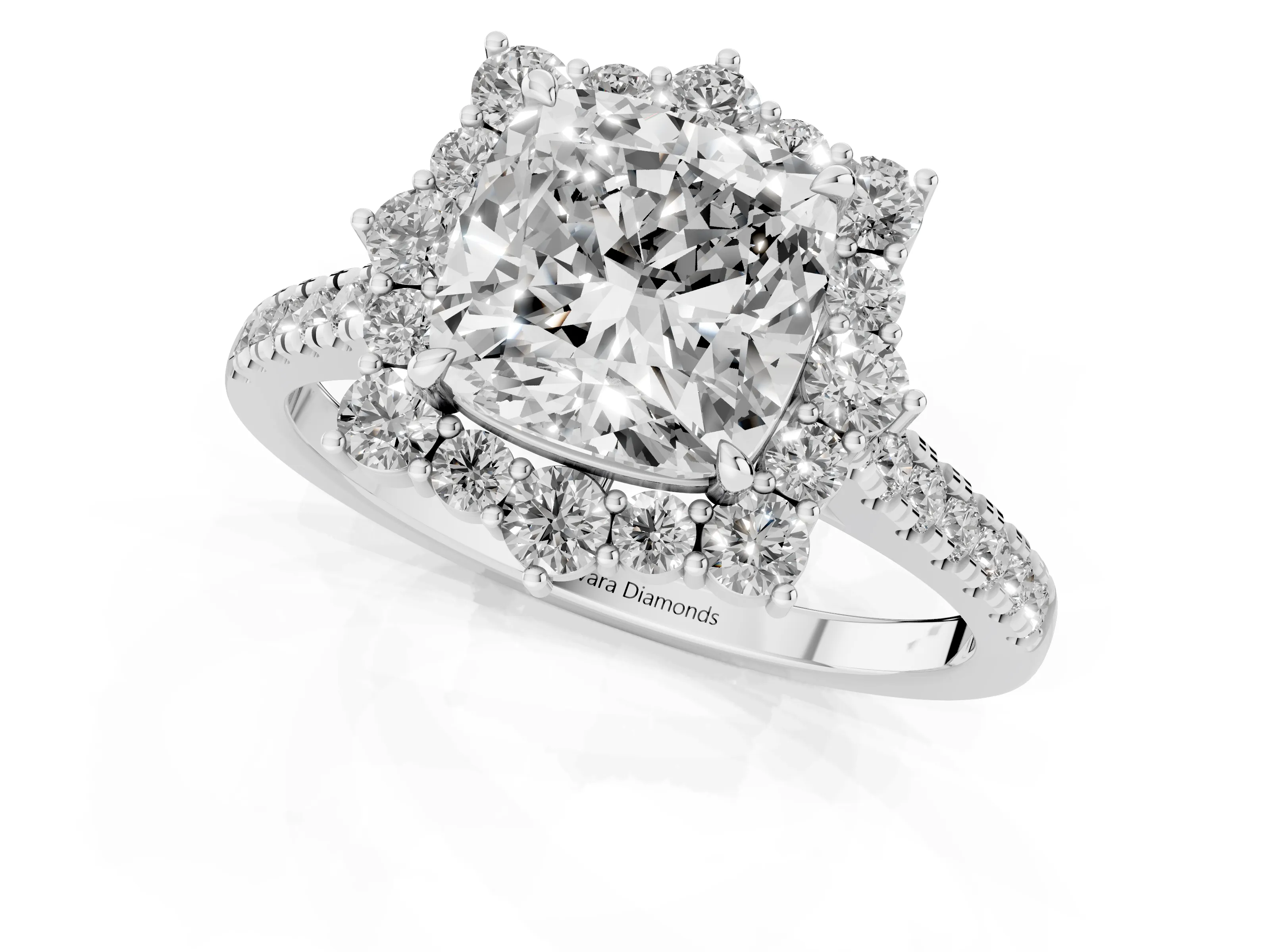 Cushion Cut Diamond Halo Ring Set in Silver with Pavé Band and Prong Setting