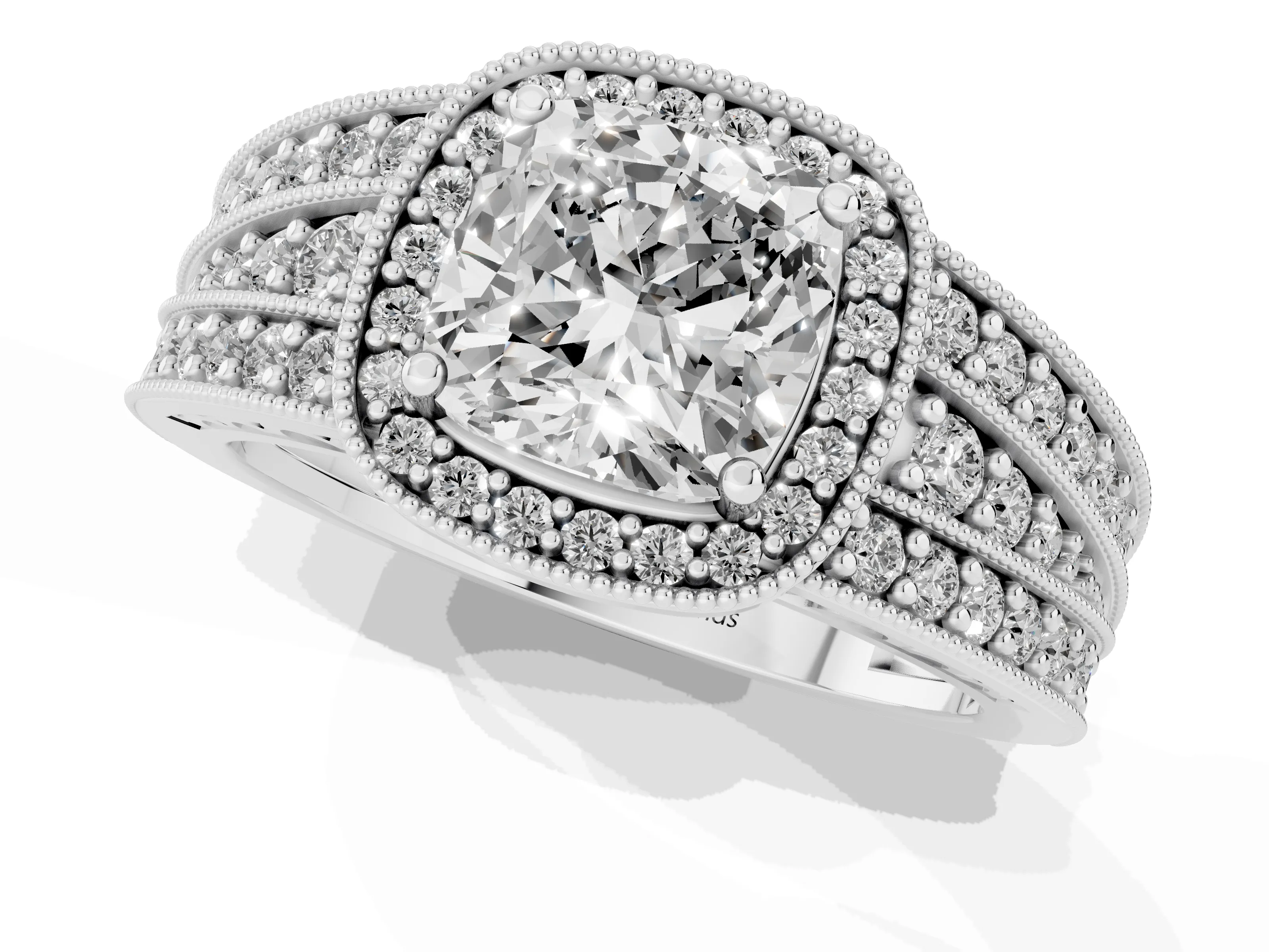 Cushion Cut Diamond Halo Ring Set in Silver with Accent Split Shank and Prong Setting