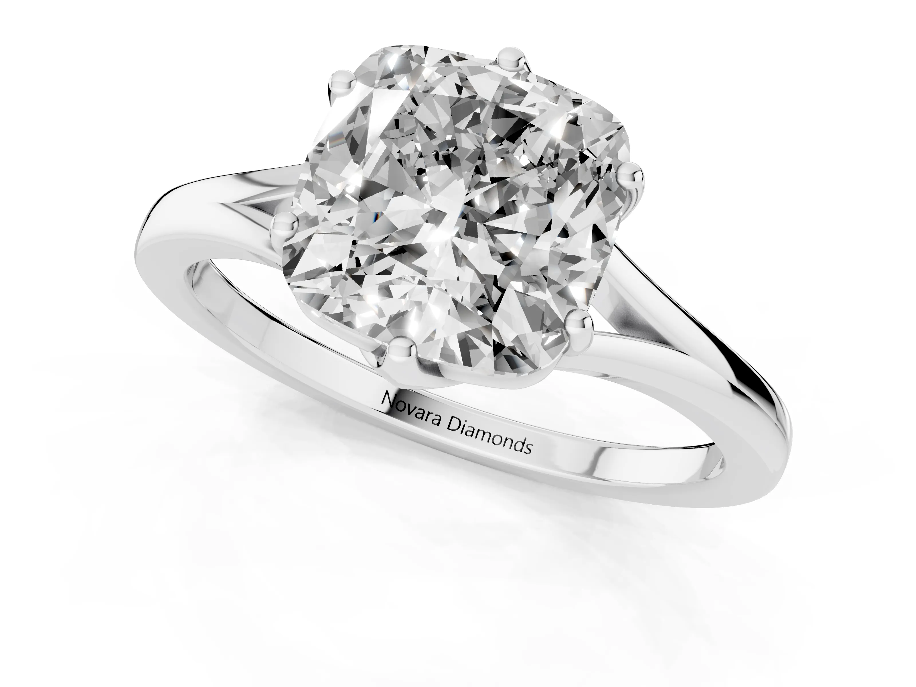 Cushion Cut Diamond Solitaire Ring Set in Silver with Polished Tapered Band and Prong Setting