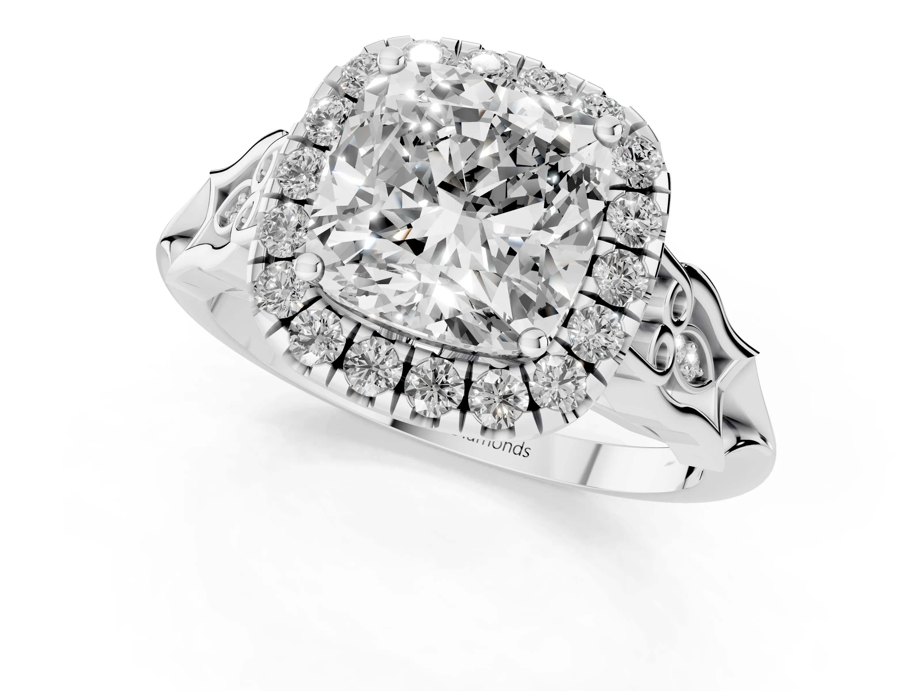 Cushion Cut Diamond Halo Engagement Ring Set in Platinum with Filigree Band and Prong-Set Center