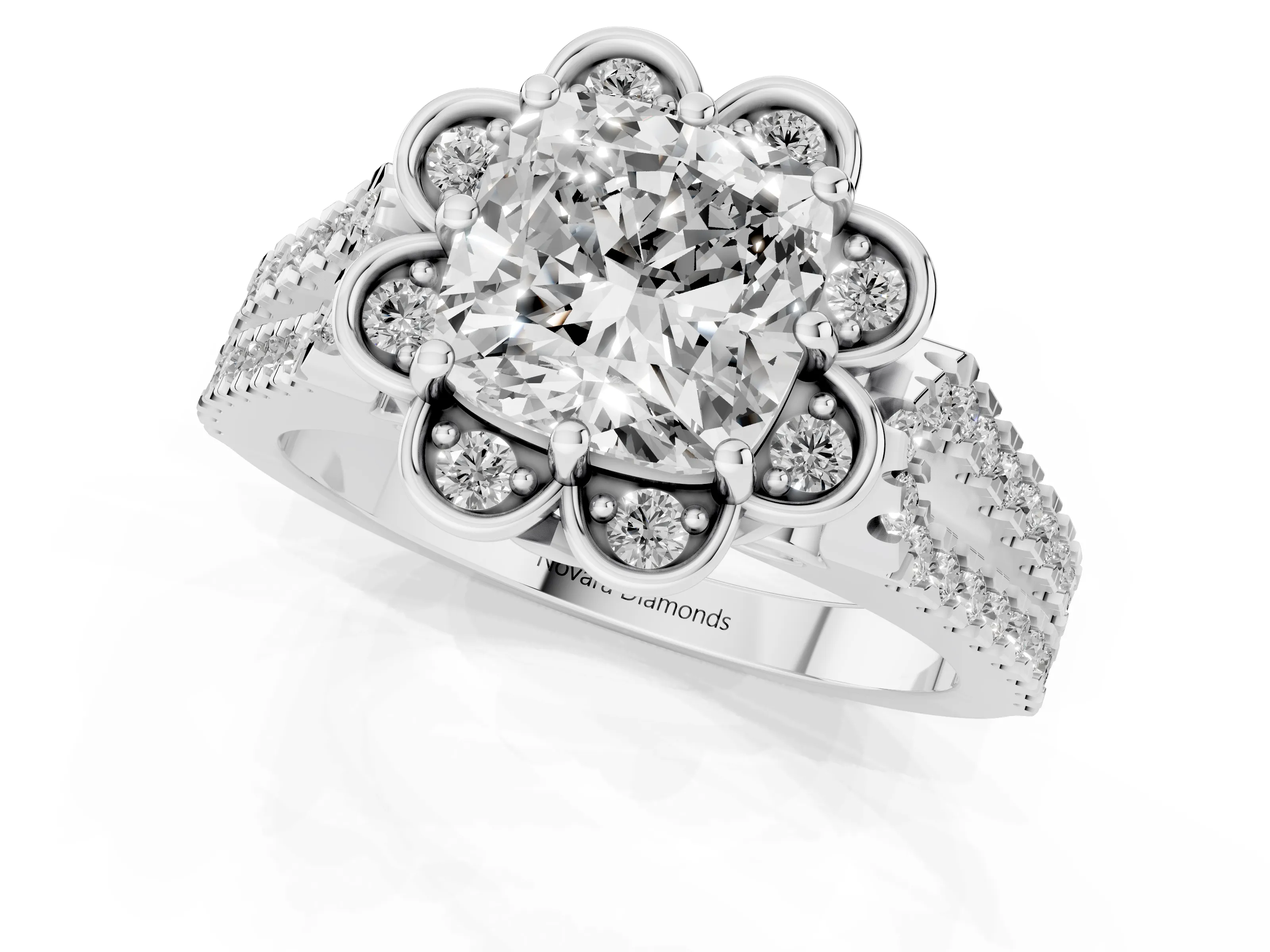 Cushion Cut Diamond Floral Halo Split Shank Engagement Ring Set in Platinum with Pavé Shank