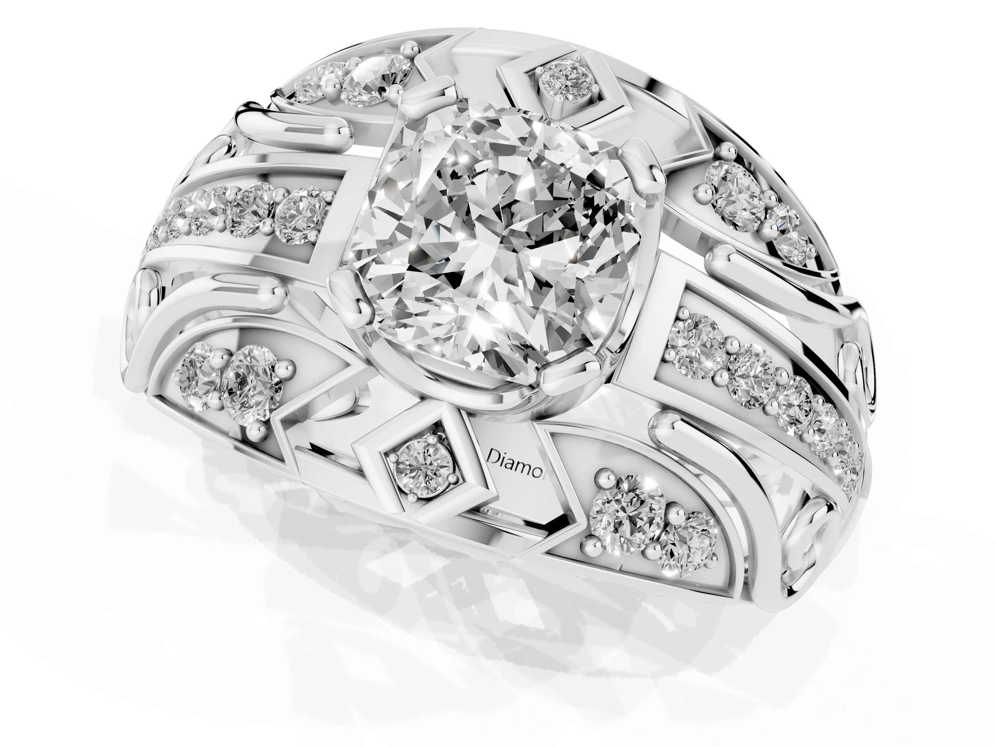 Cushion Cut Diamond Art Deco Ring Set in White gold with Pavé Split Shank – second view