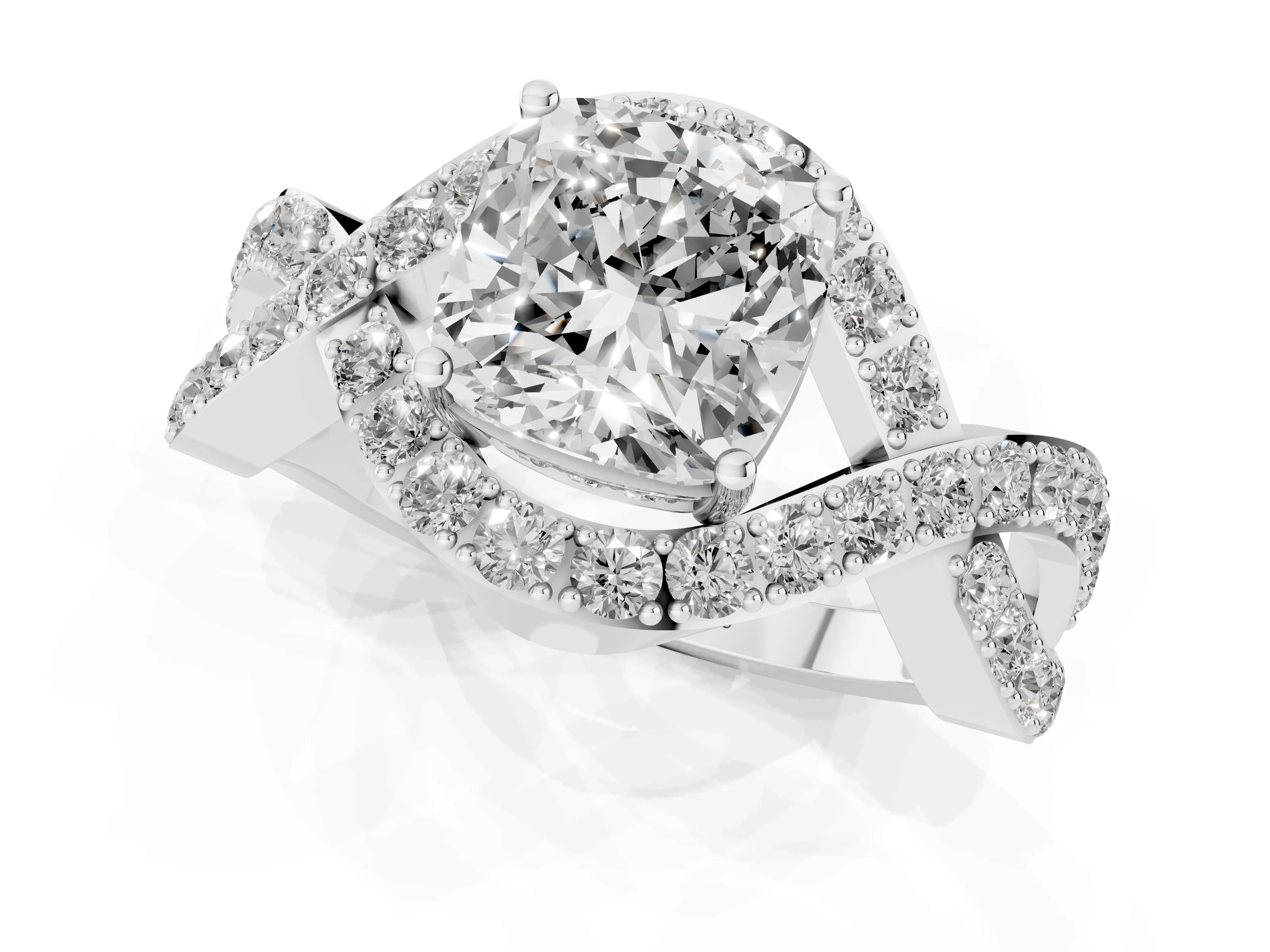 Cushion Cut Diamond Solitaire Twist Band Pavé Engagement Ring Set in Platinum