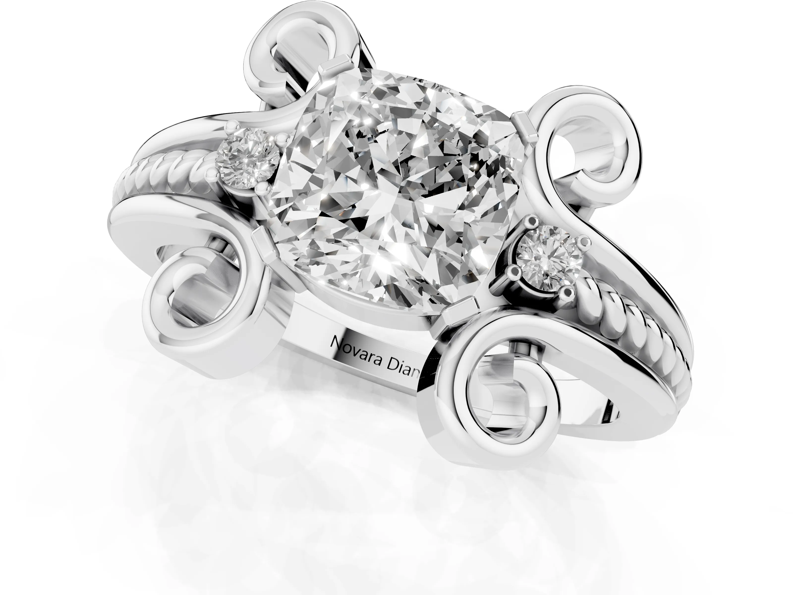 Cushion Cut Diamond Twisted Band Solitaire Ring Set in White gold with Scroll Prongs