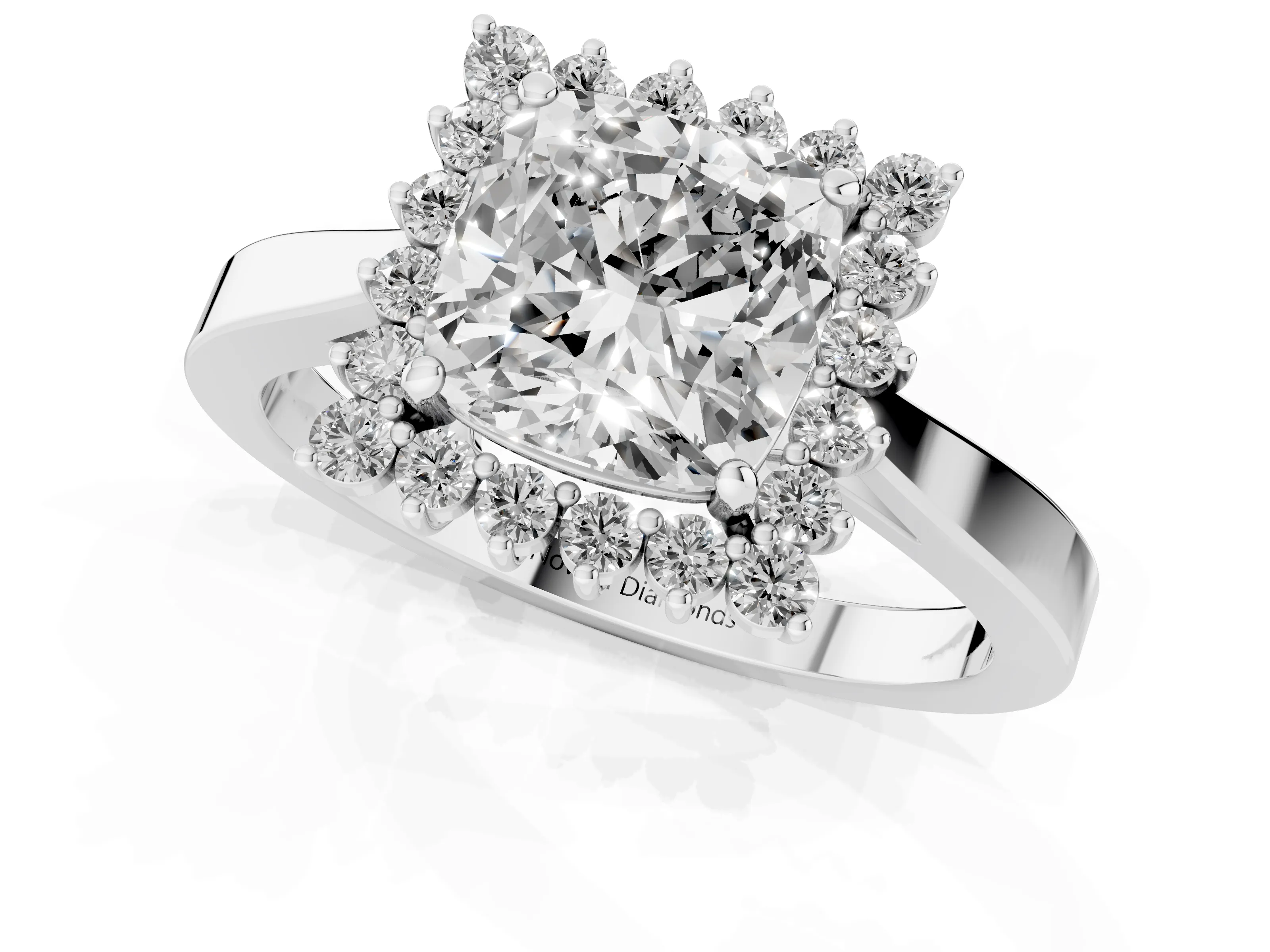 Cushion Cut Diamond Halo Ring Set in Platinum with Round Halo and Smooth Solitaire Band