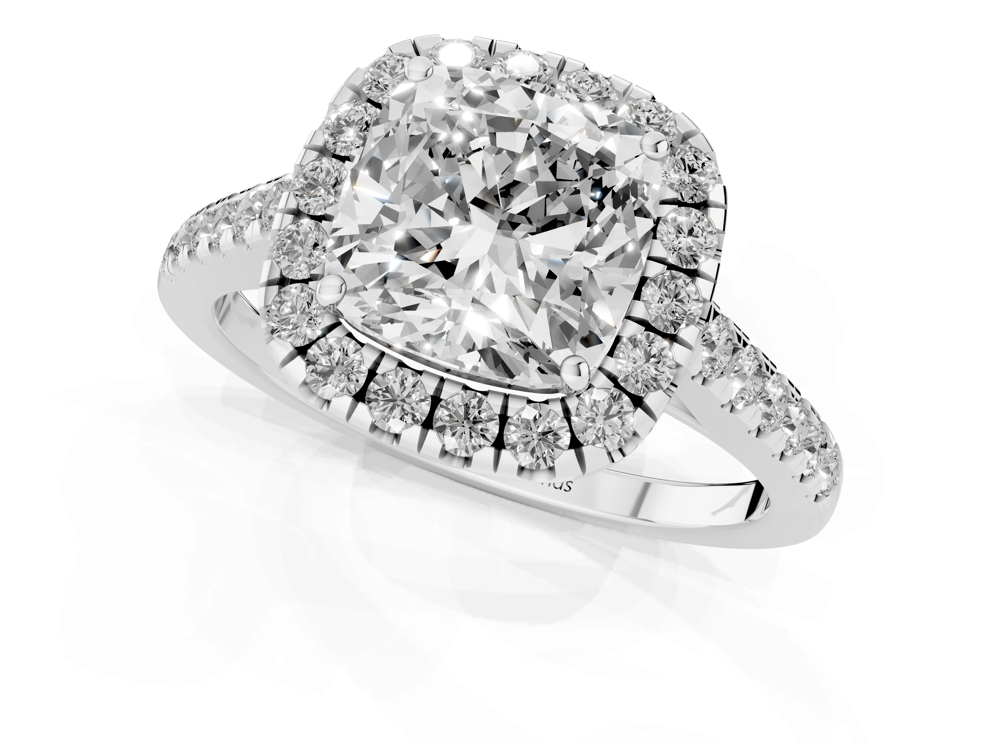 Cushion Cut Diamond Halo Pavé Engagement Ring Set in White gold with Prong Setting