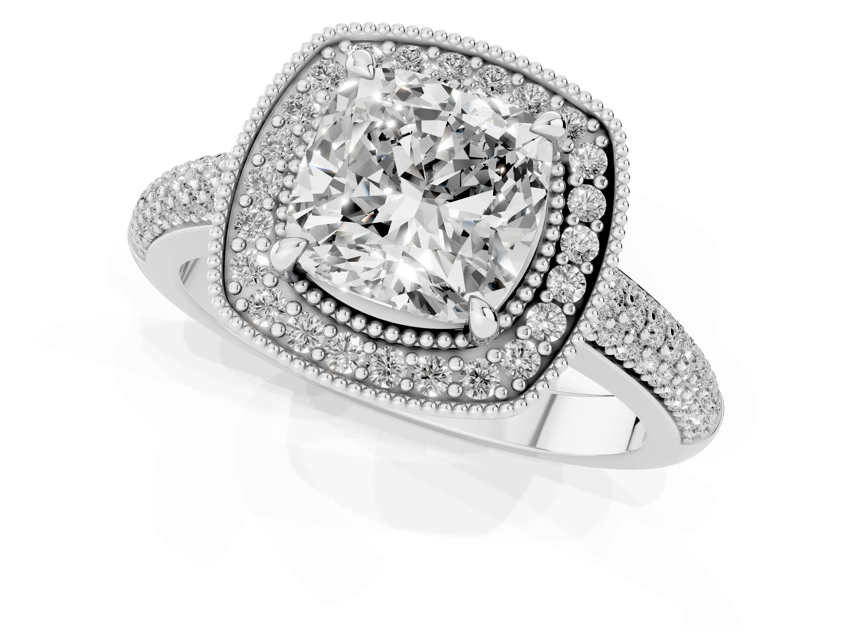 Cushion Cut Diamond Halo Pavé Band Set in White gold with Prong Setting – second view