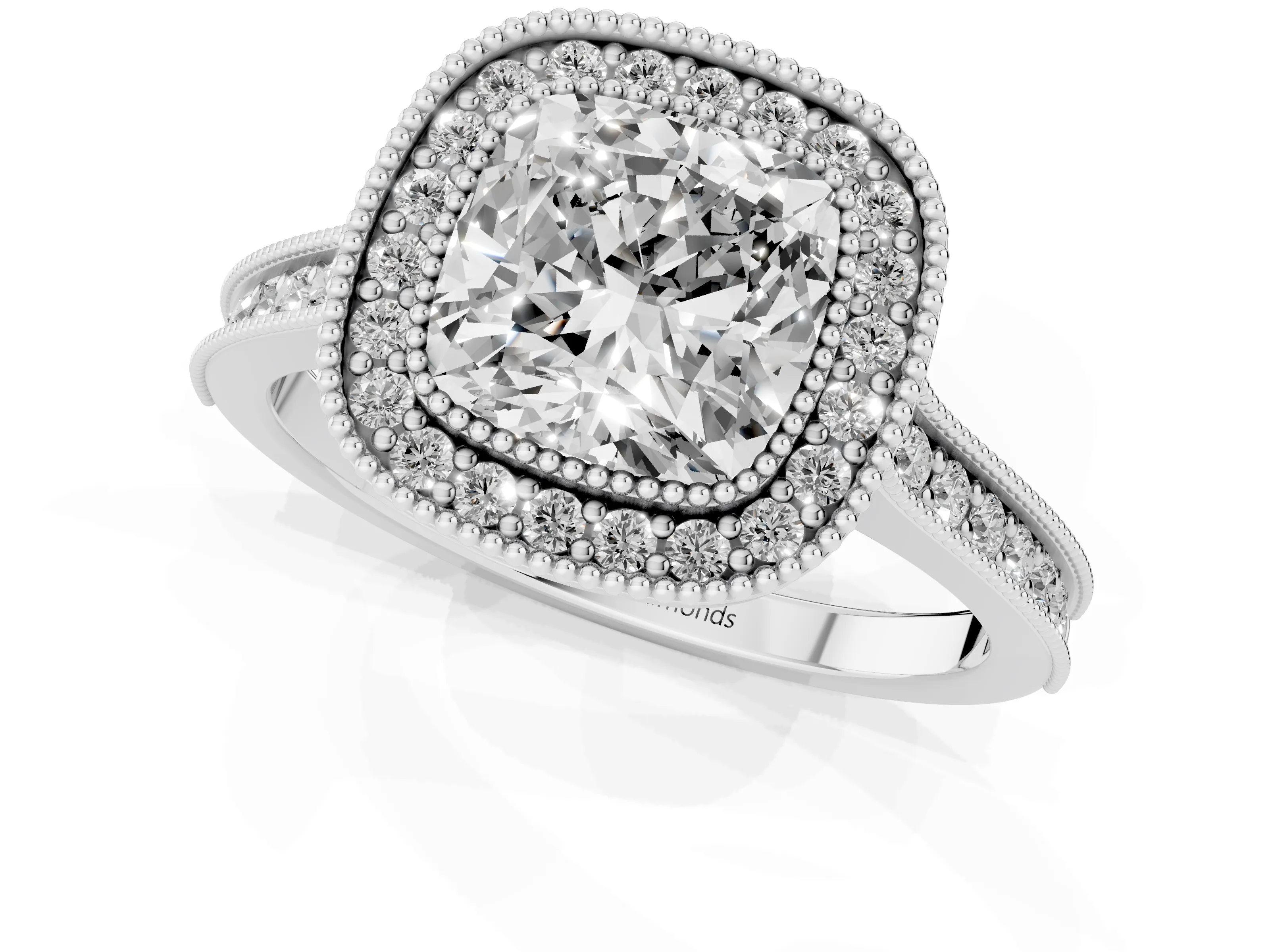 Cushion Cut Diamond Halo Milgrain Pavé Band Ring Set in Platinum with Prong Setting