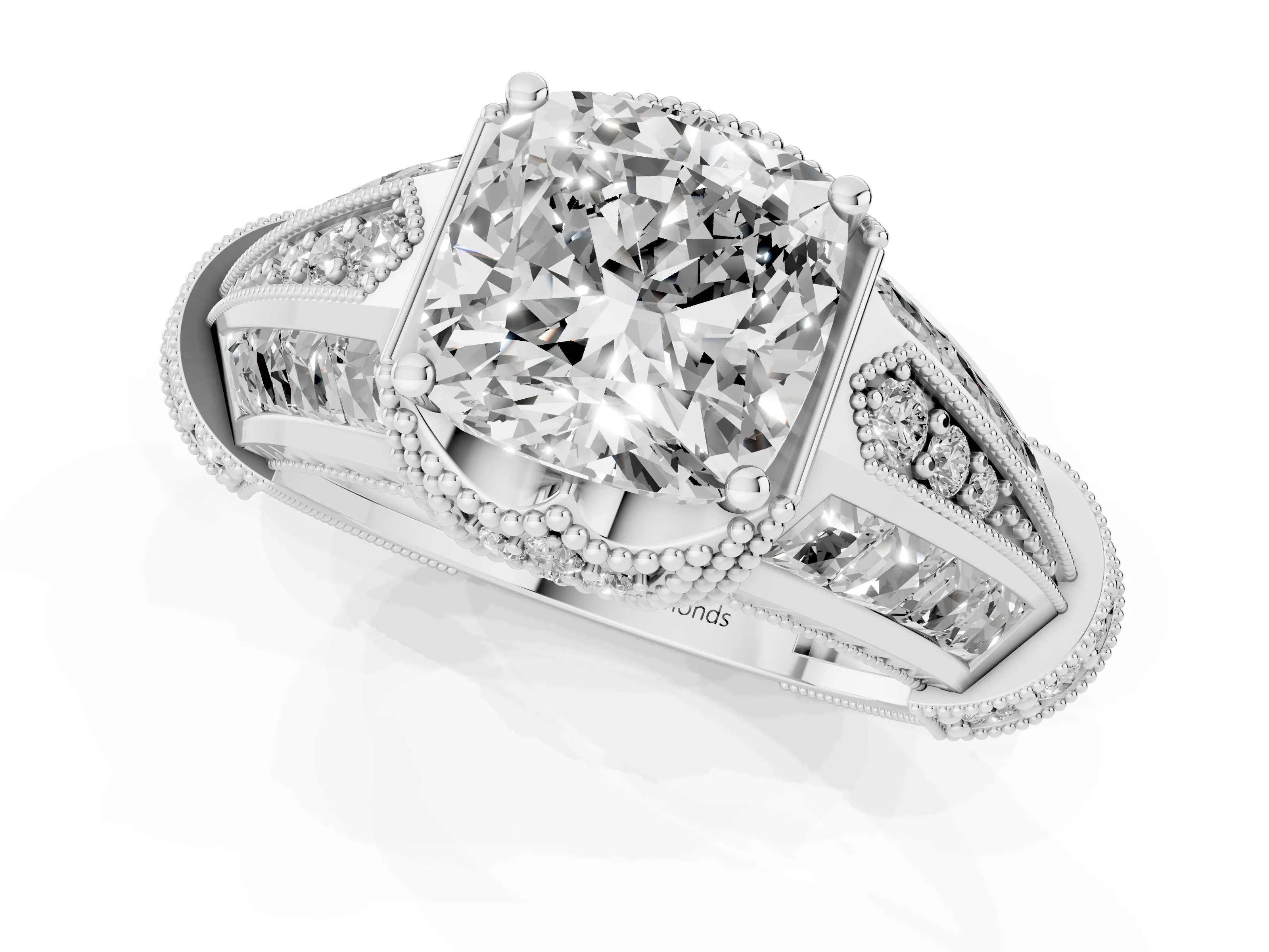 Cushion Cut Diamond Vintage-Inspired Milgrain Ring Set in Silver with Accent Split Shank