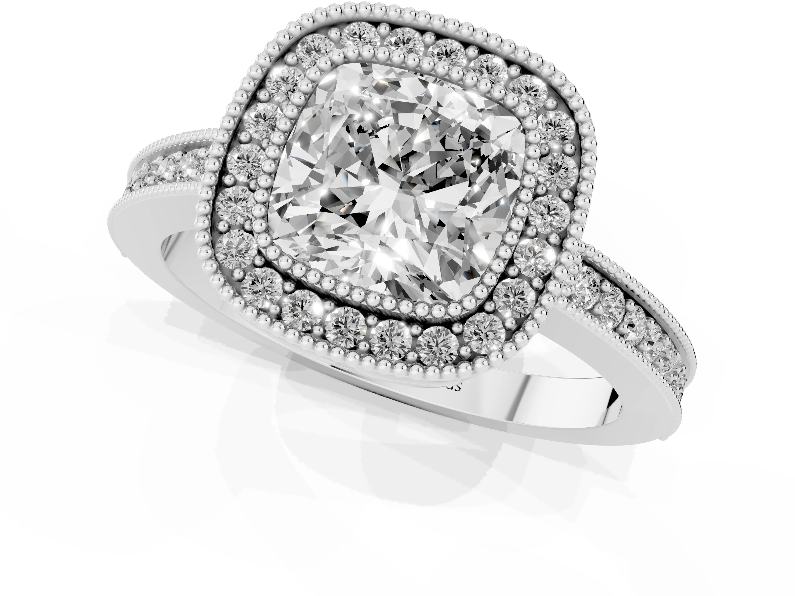Cushion Cut Diamond Round Halo Ring Set in Silver with Pavé Band