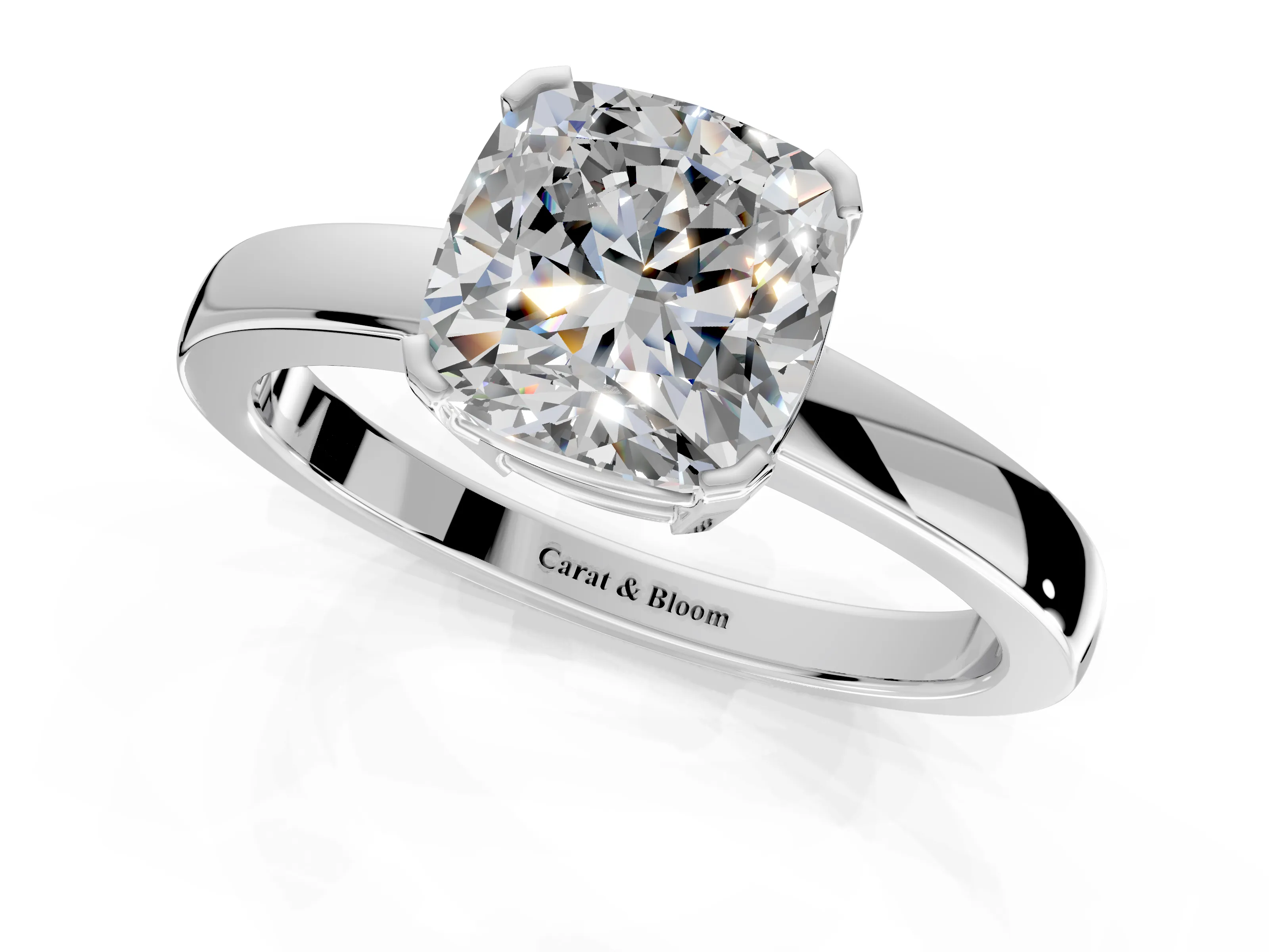 Solitaire Engagement Ring Setting for Cushion Cut Center with Plain Band and Flat Tab Prong Head in White Gold