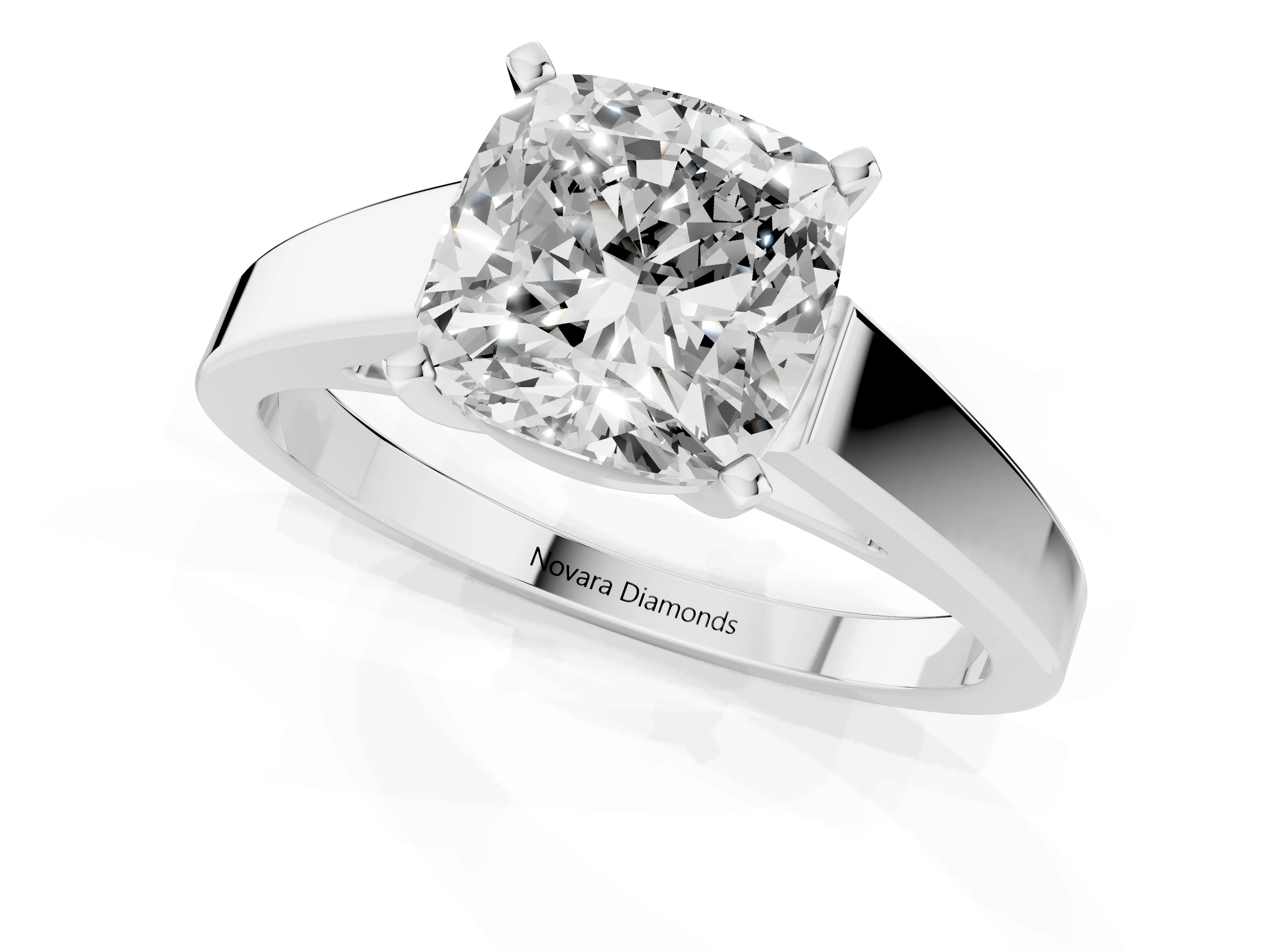 Cushion Cut Diamond Solitaire Engagement Ring Set in White gold with Prong Setting and Tapered Band