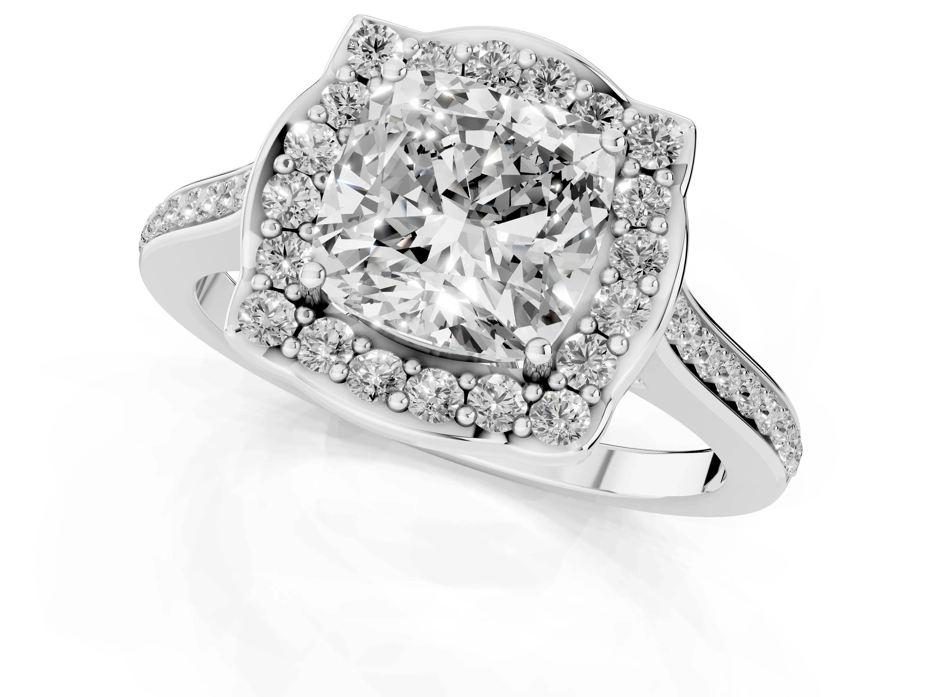 Cushion Cut Diamond Halo Ring Set in White gold with Pavé-Lined Shoulders and Prong Setting