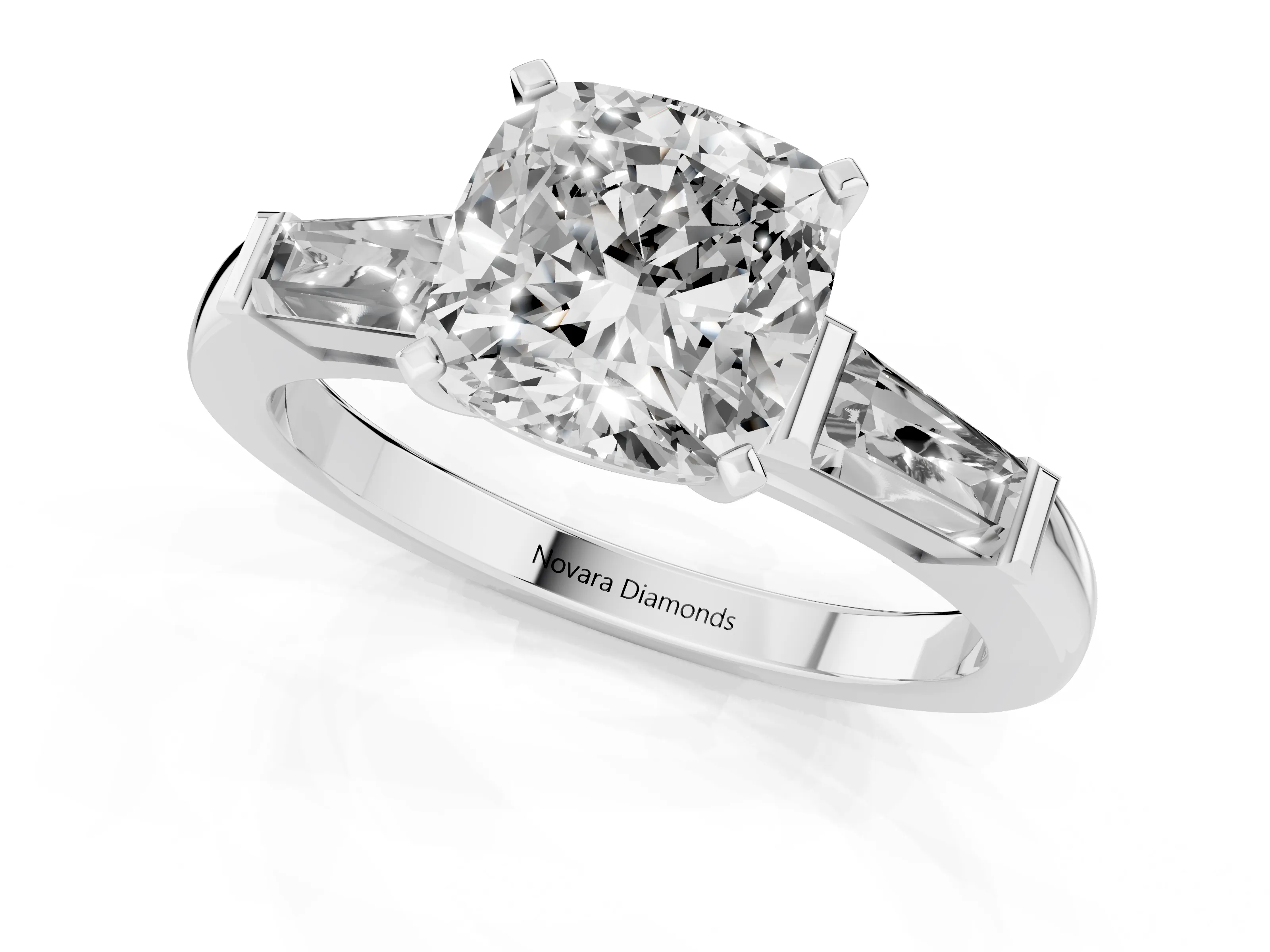 Cushion Cut Diamond Solitaire Ring Set in Platinum with Tapered Baguette Side Stones and Prong Setting