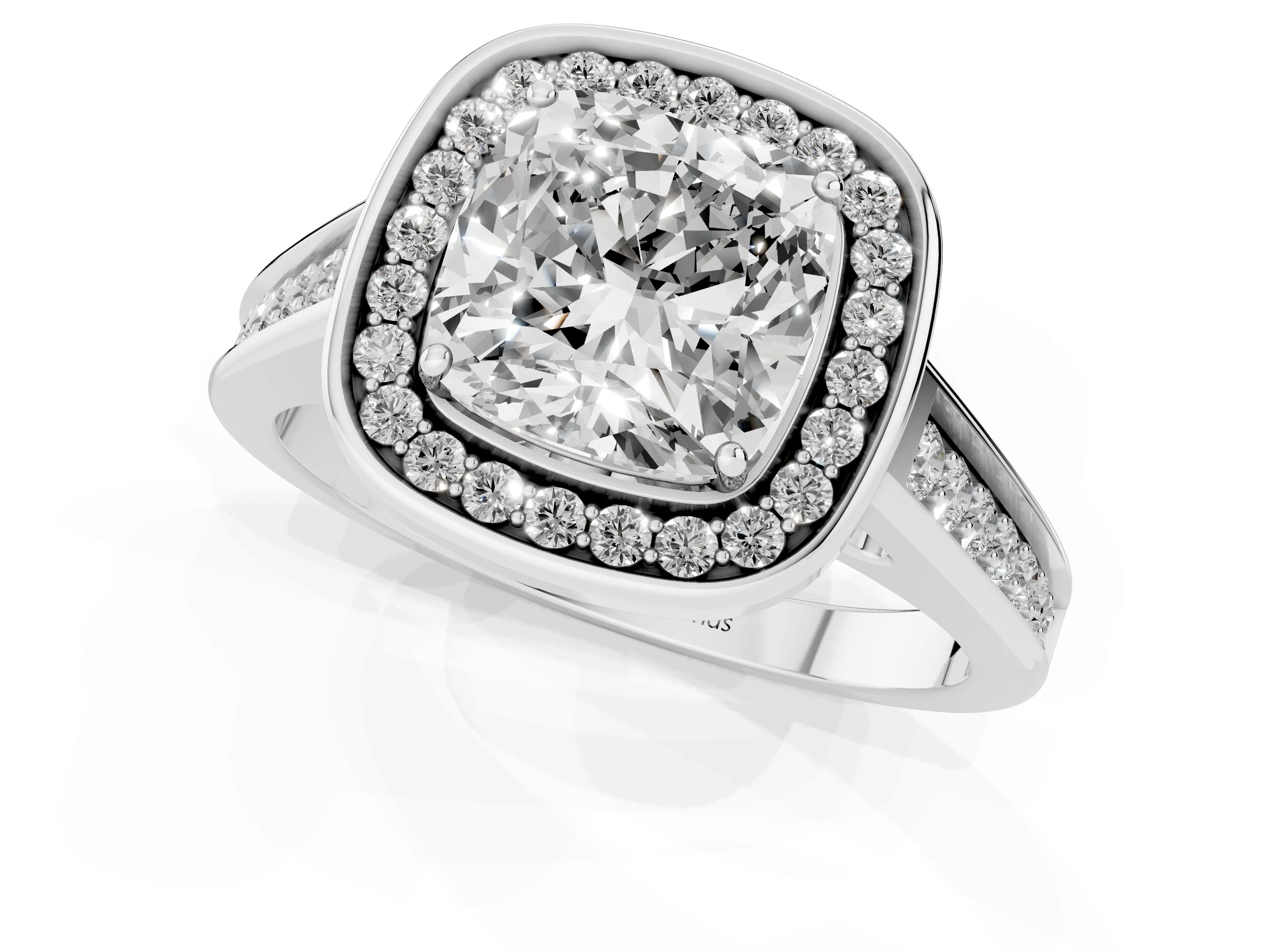 Cushion Cut Diamond Halo Solitaire Ring Set in White gold with Pavé Band and Bezel Setting