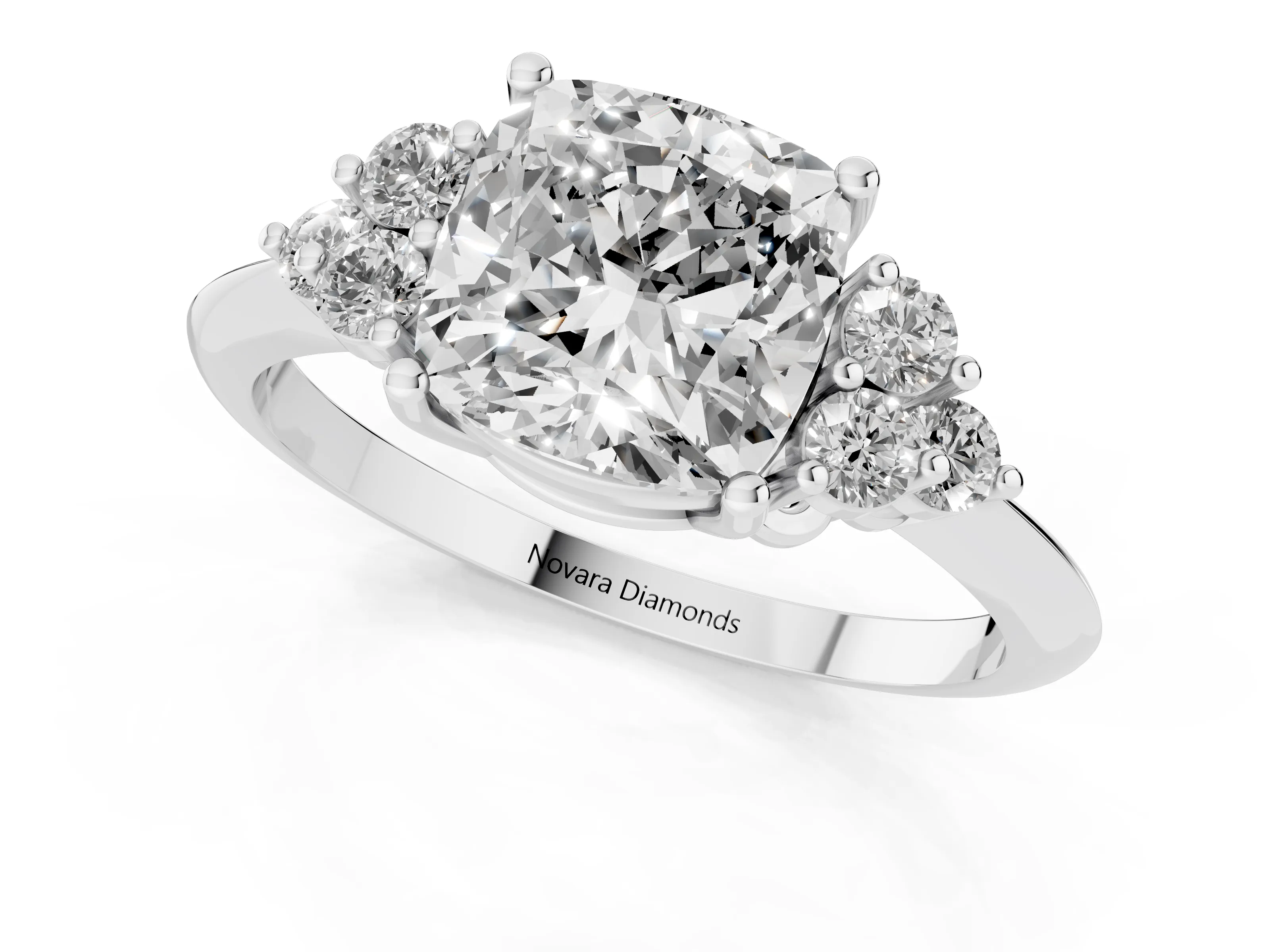 Cushion Cut Diamond Cluster Ring Set in White gold with Plain Band and Prong Setting