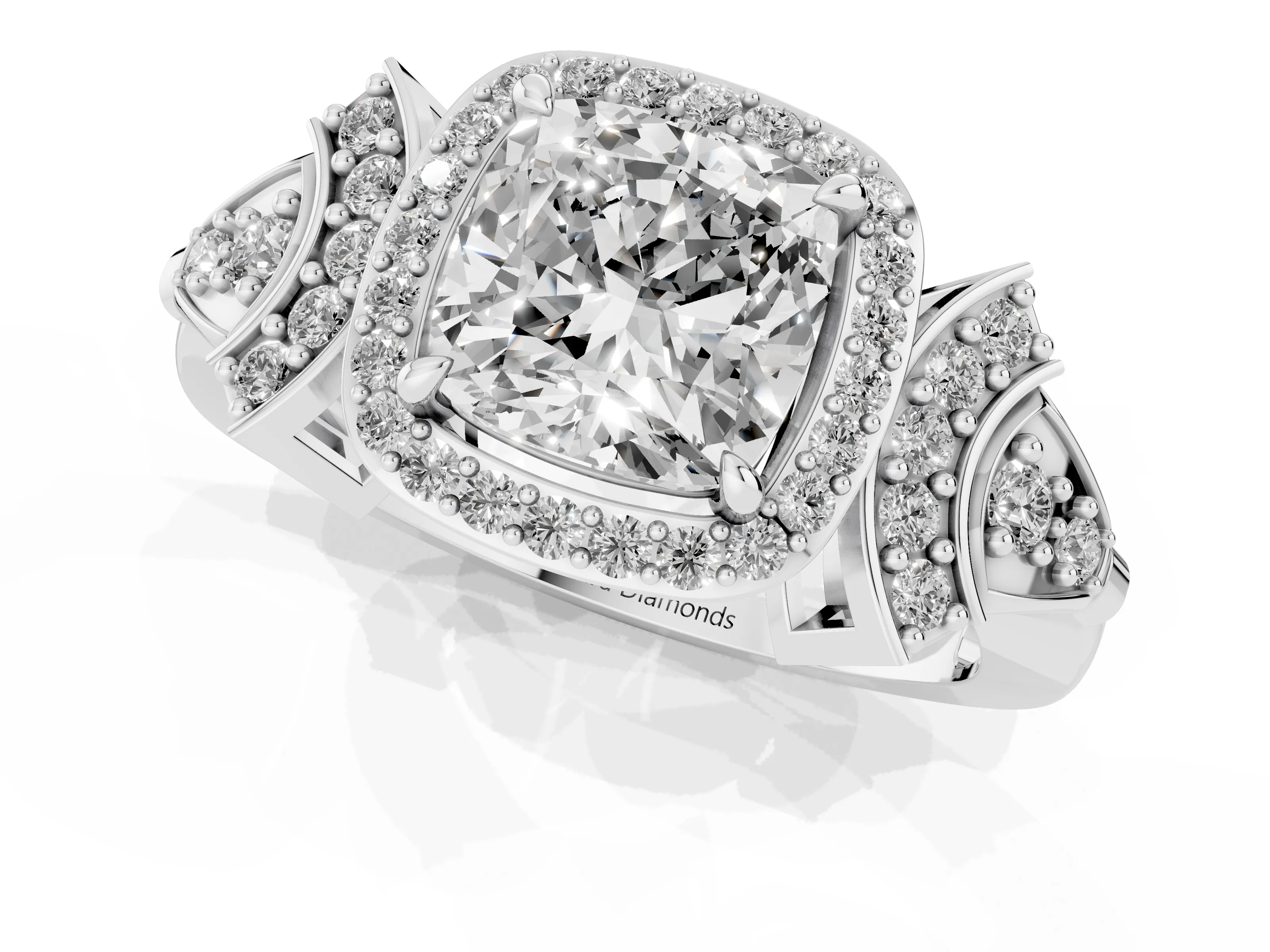 Cushion Cut Diamond Halo Engagement Ring Set in White gold with Accent Stone Split Shank – second view