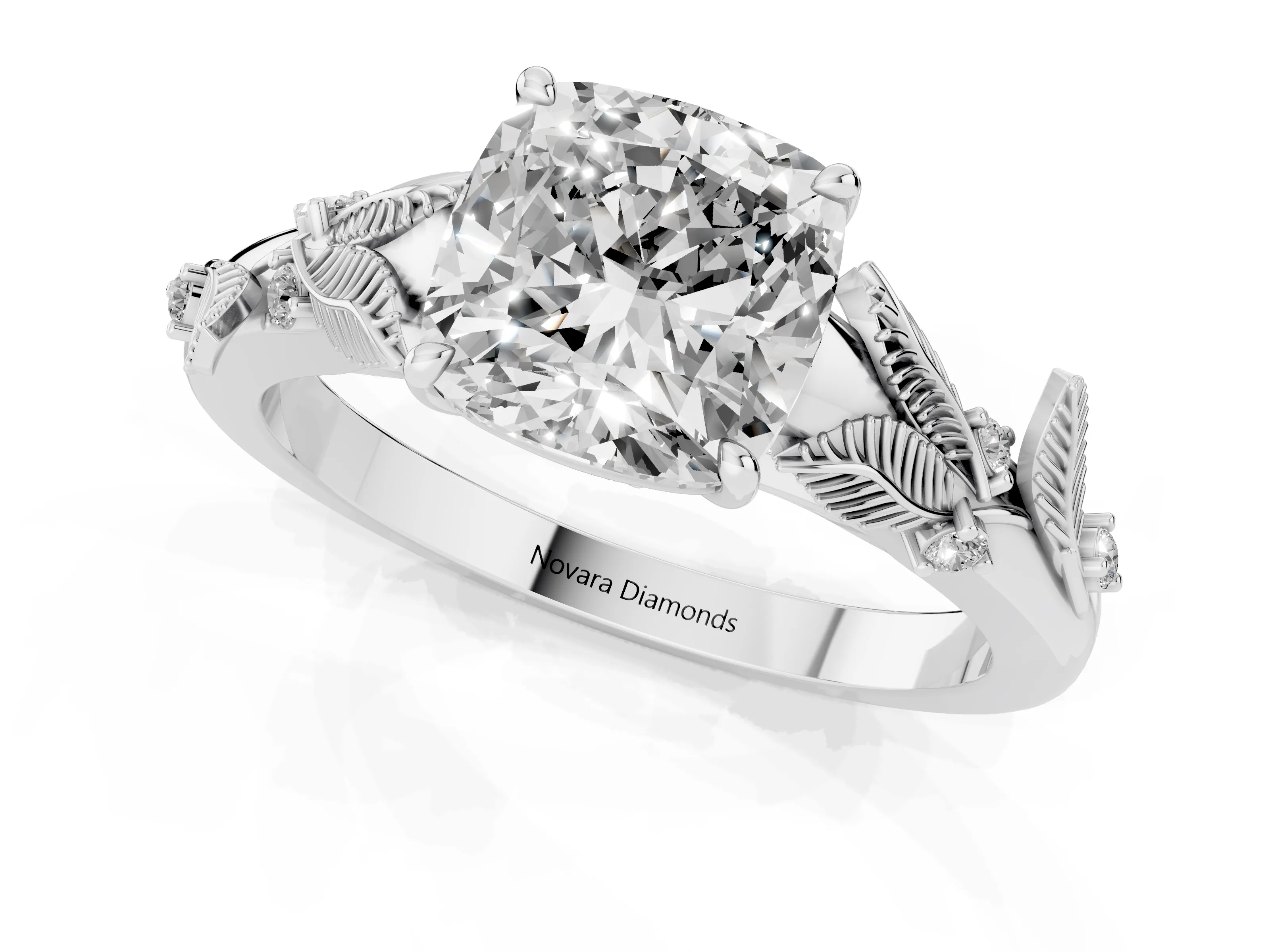 Cushion Cut Diamond Solitaire Ring Set in White gold with Leaf Motif Band
