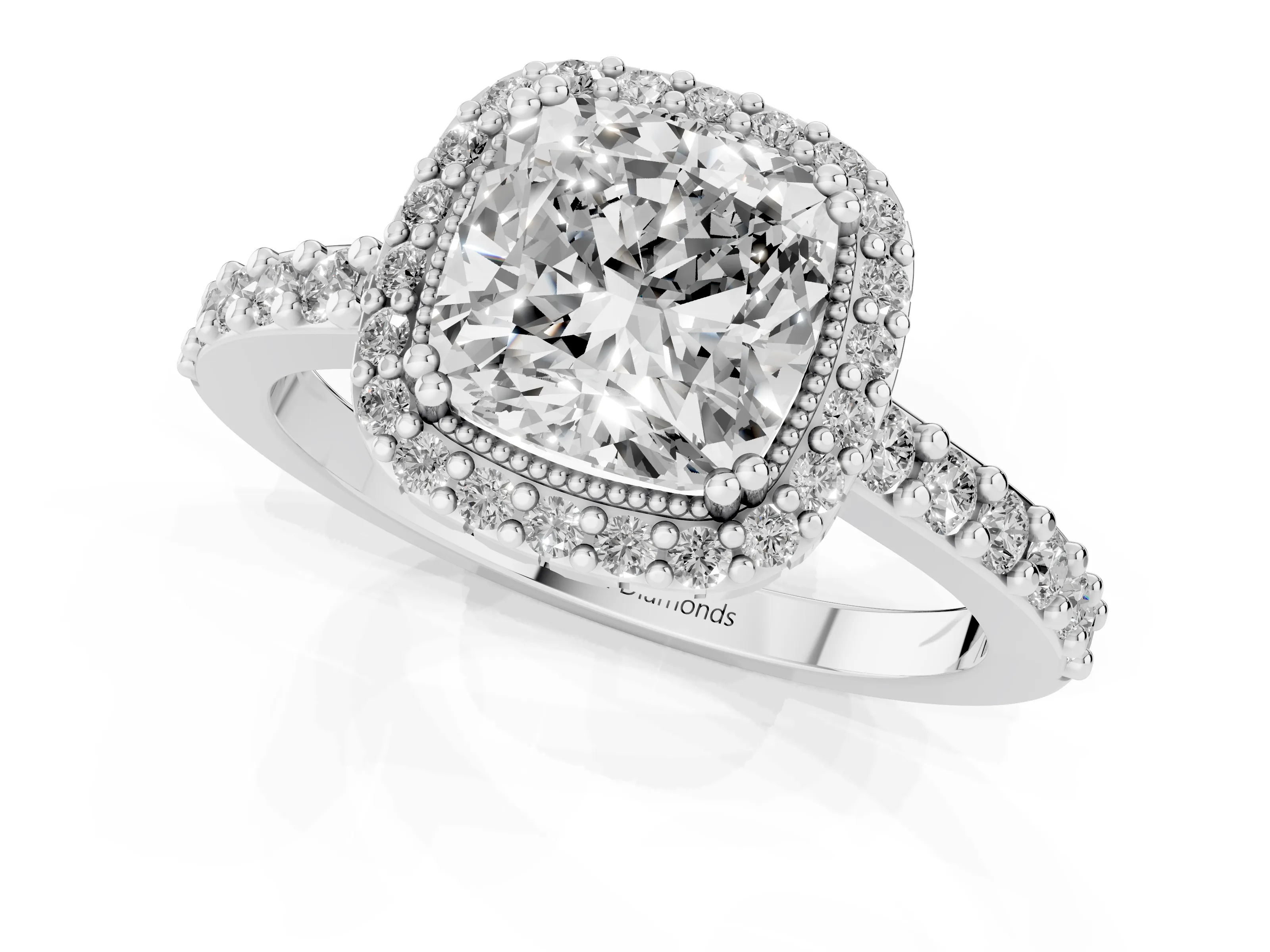 Cushion Cut Diamond Halo Engagement Ring Set in White gold with Milgrain Detail and Pavé Band