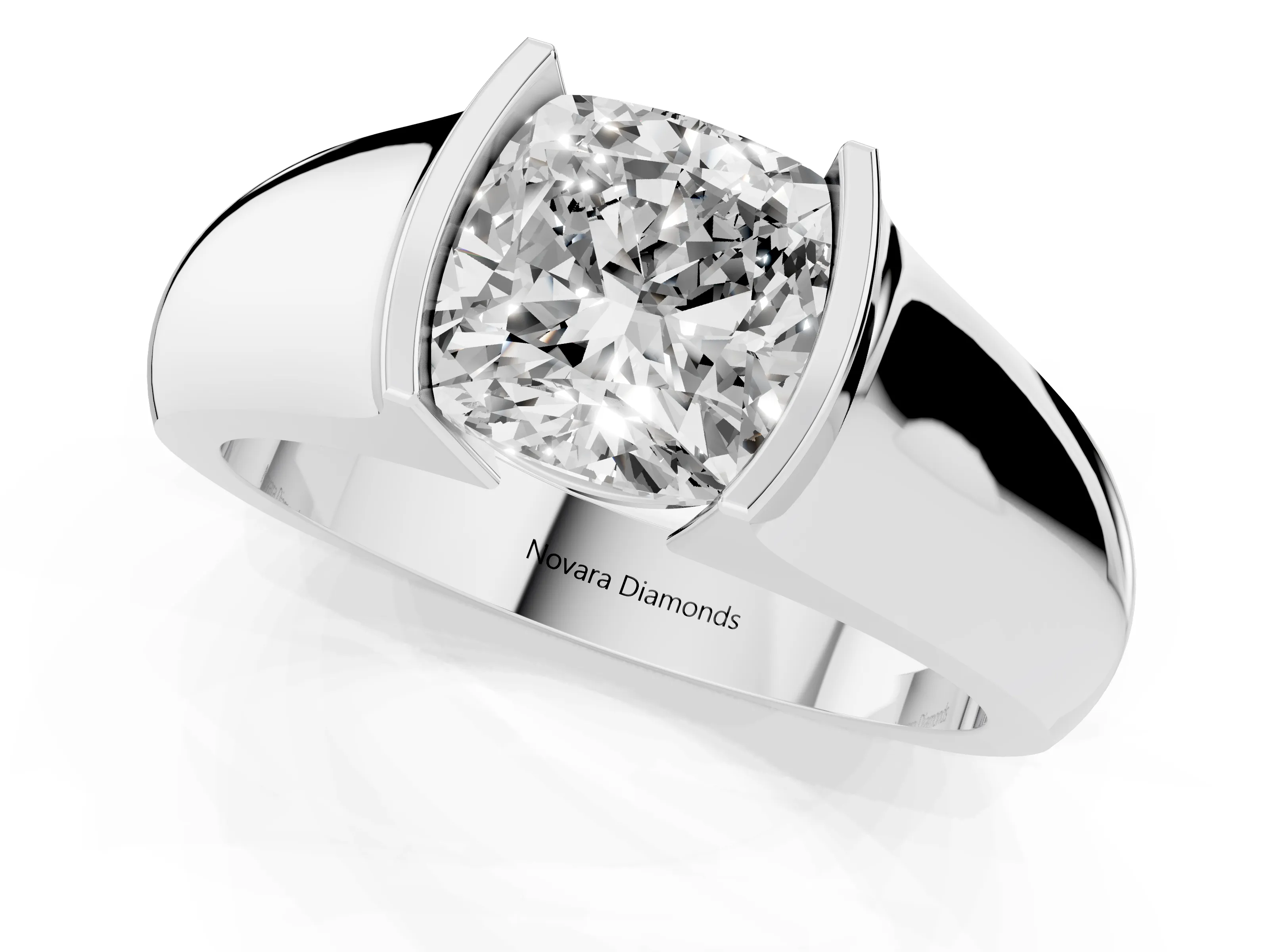 Cushion Cut Diamond Bezel Solitaire Ring Set in Platinum with Wide Band