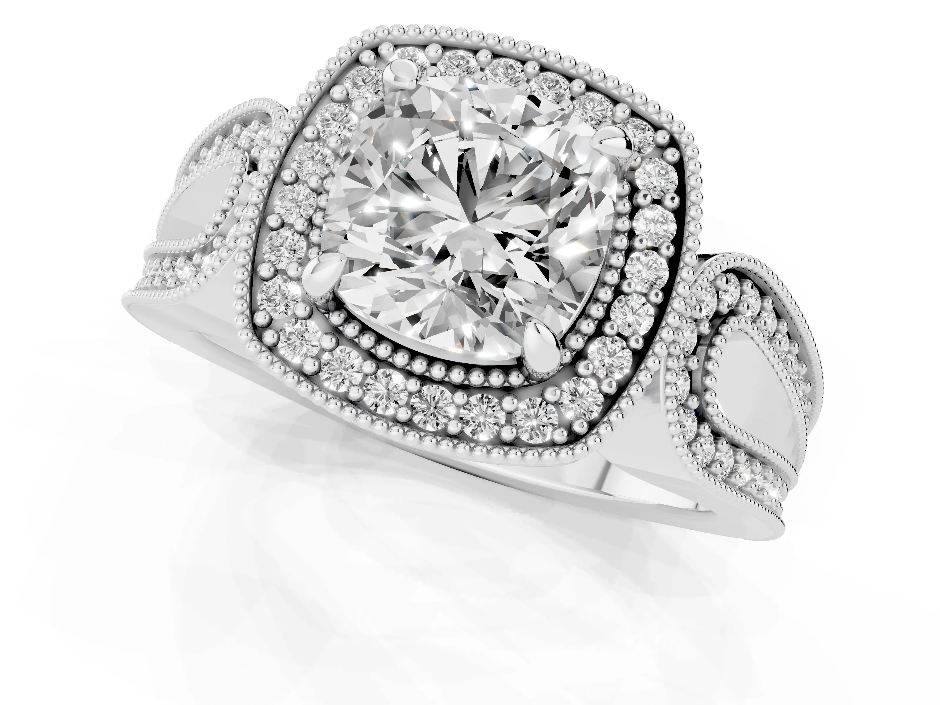 Cushion Cut Diamond Halo Ring Set in Silver with Milgrain Accent Split Shank
