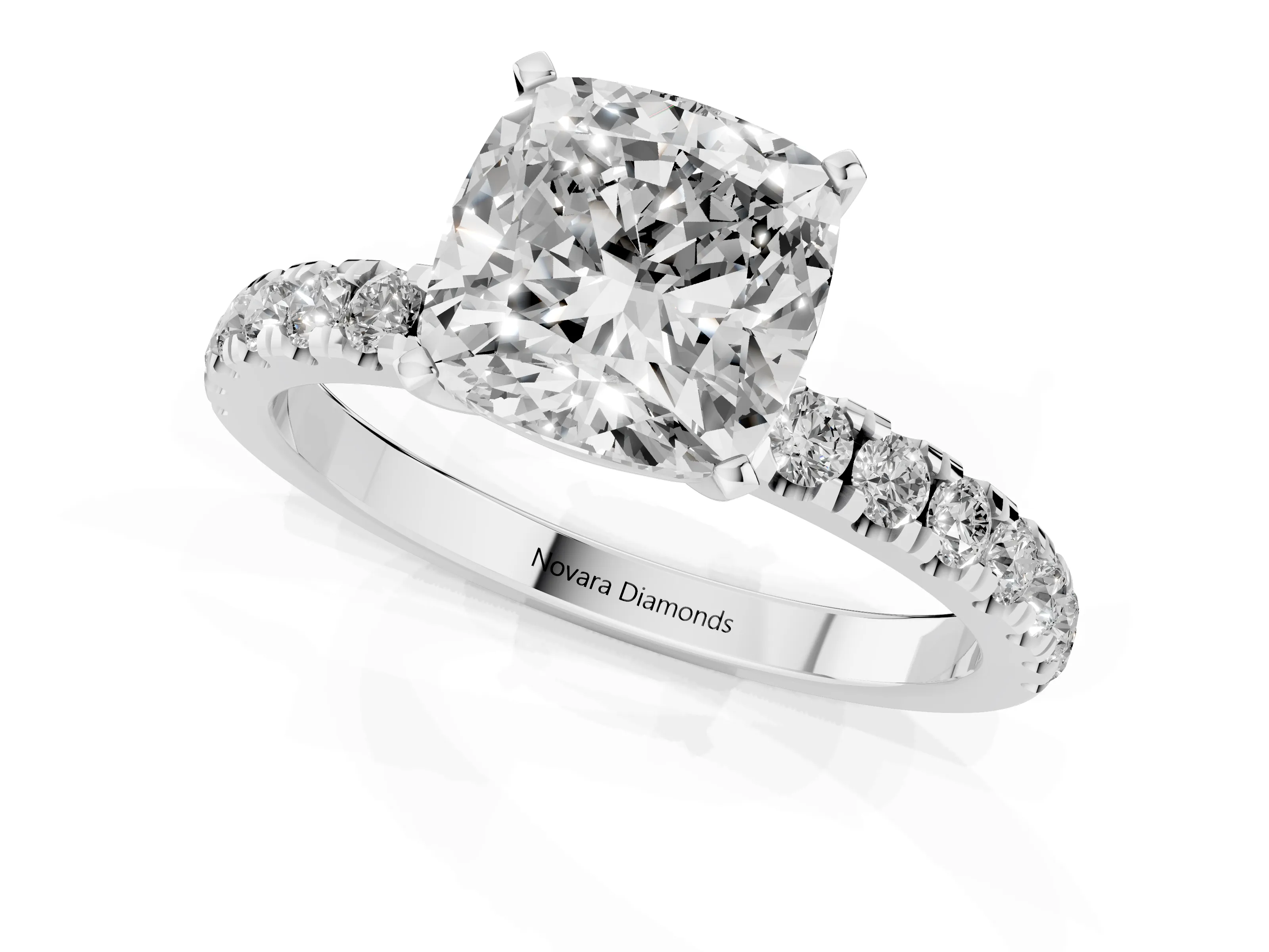 Cushion Cut Diamond Solitaire Ring Set in White gold with Pavé Accents and Prong Setting