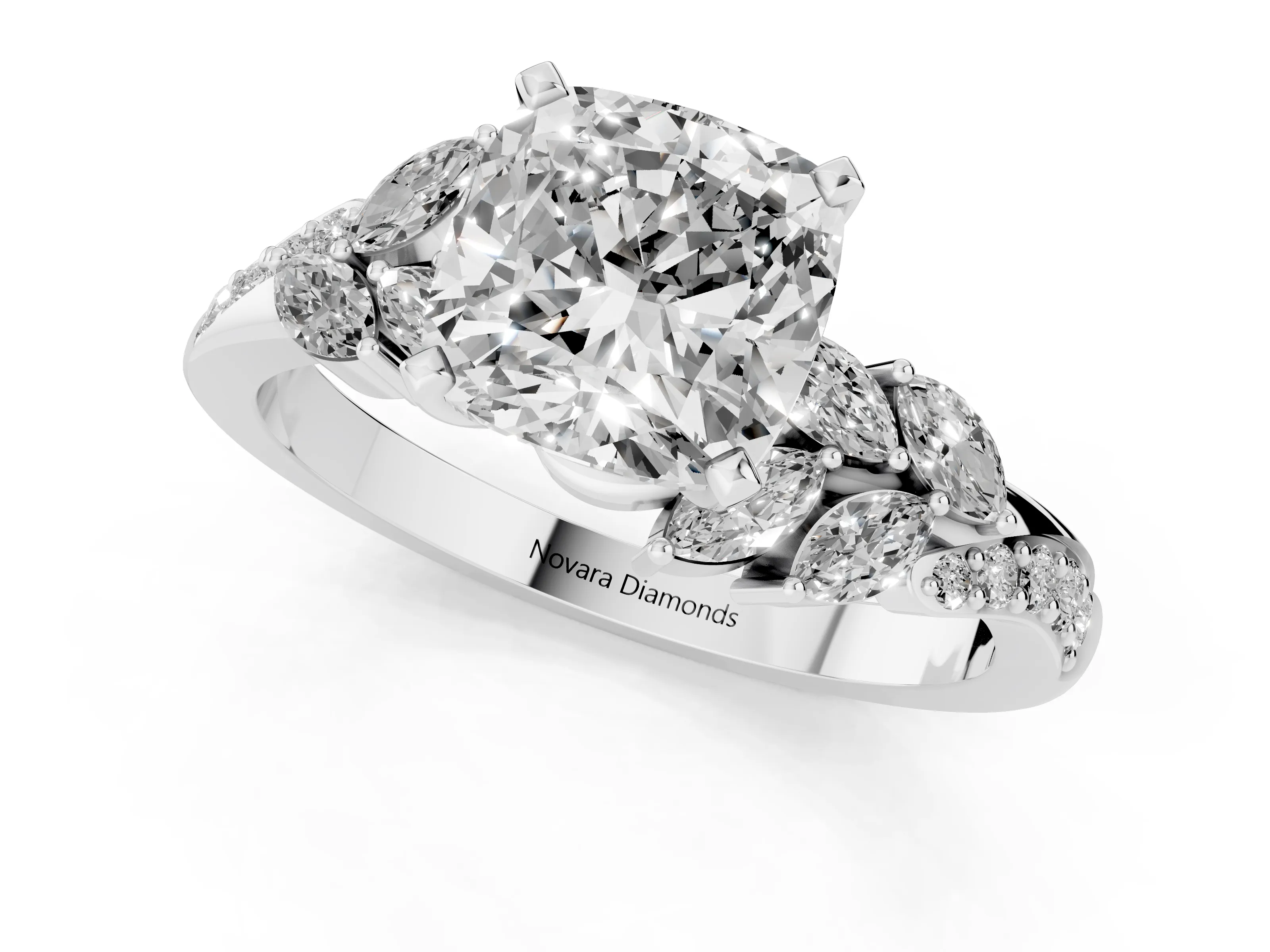 Cushion Cut Diamond Solitaire Ring Set in White gold with Marquise Twist Band and Prong Setting