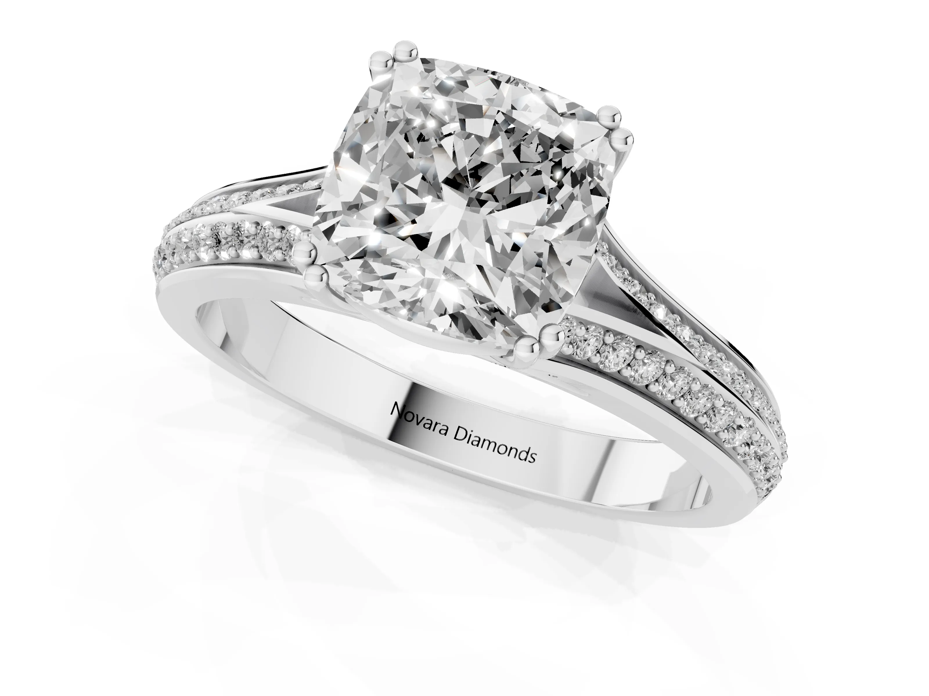 Cushion Cut Diamond Split Shank Pavé Engagement Ring Set in Platinum with Prong-Set Center Stone