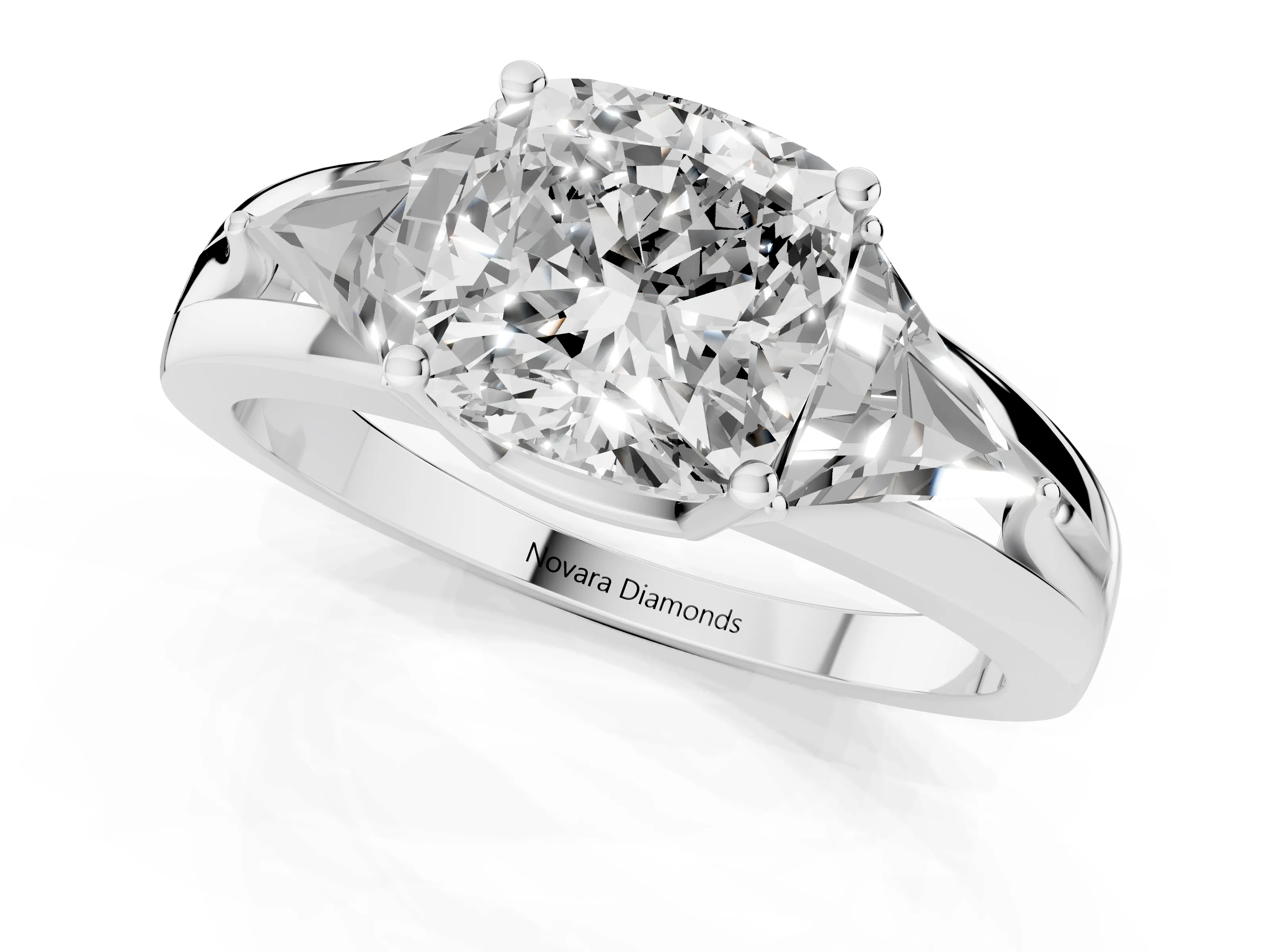 Cushion Cut Diamond Three-Stone Ring Set in Silver with Trillion Side Stones and Split Shank