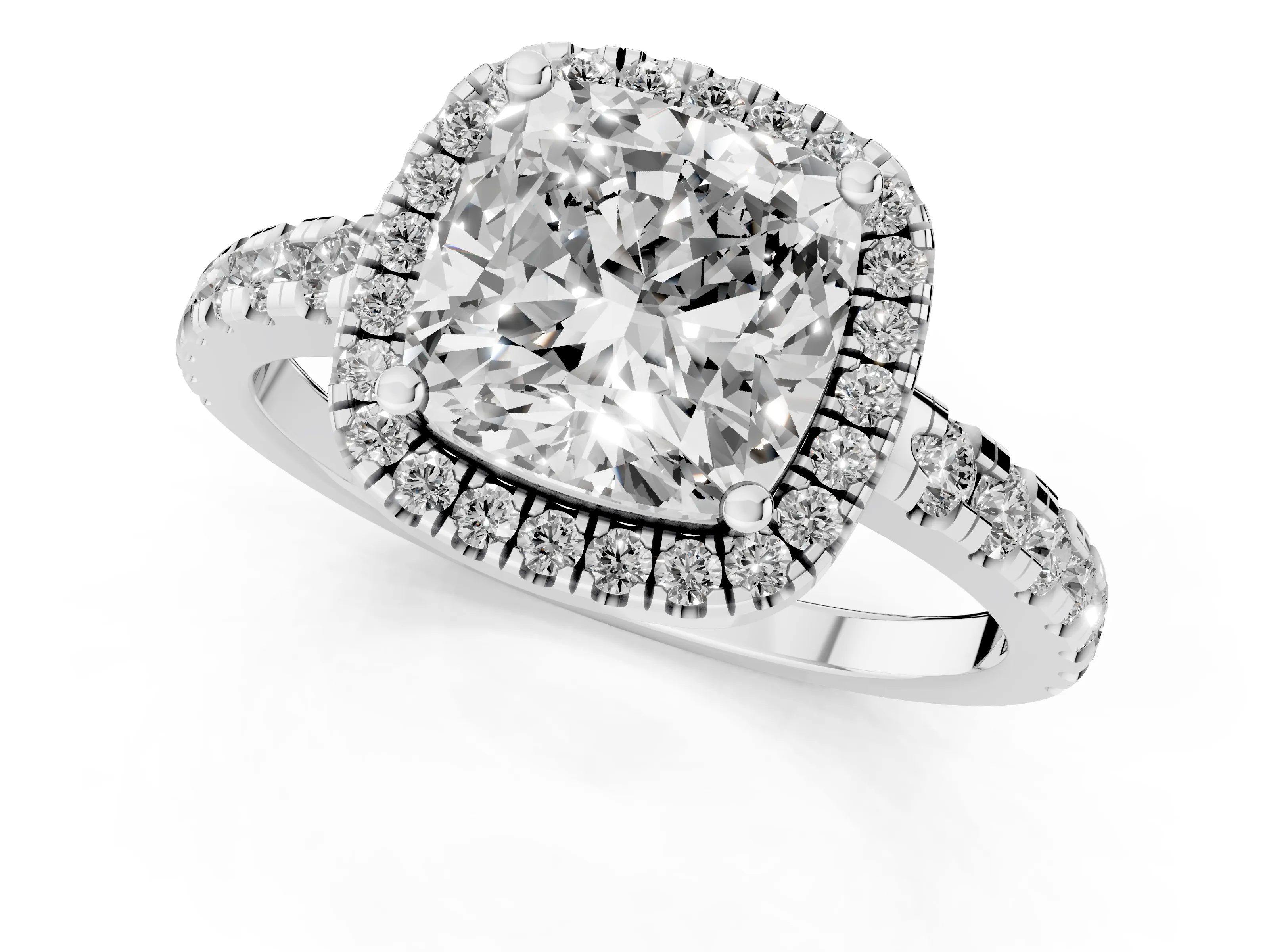 Cushion Cut Diamond Halo Ring Set in Silver with Delicate Pavé Band and Prong Setting