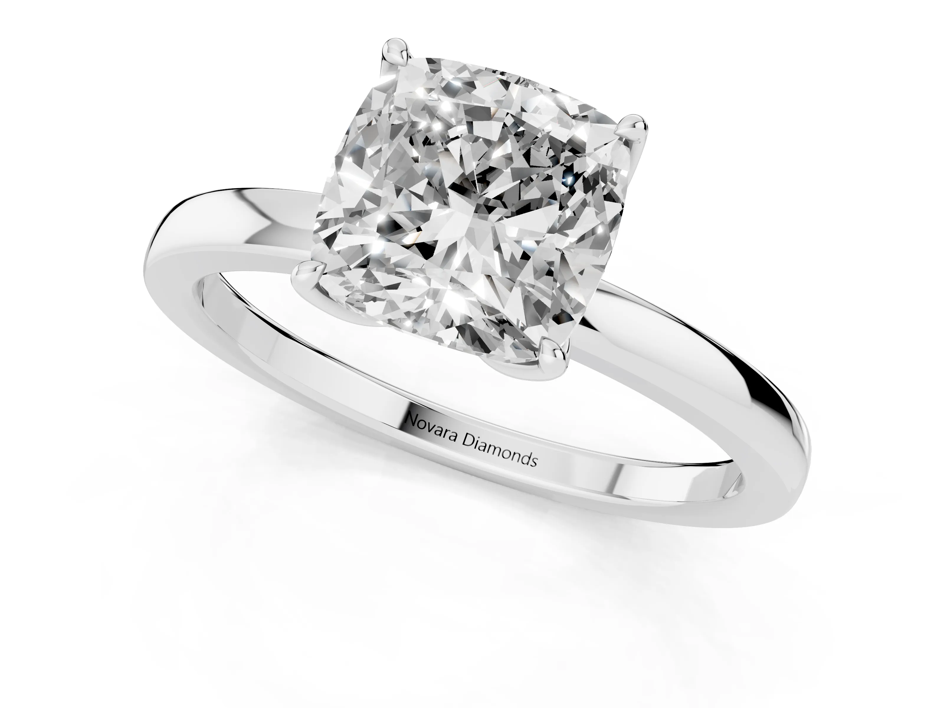 Cushion Cut Diamond Solitaire Ring Set in White gold with Prong Setting and Thin Polished Band
