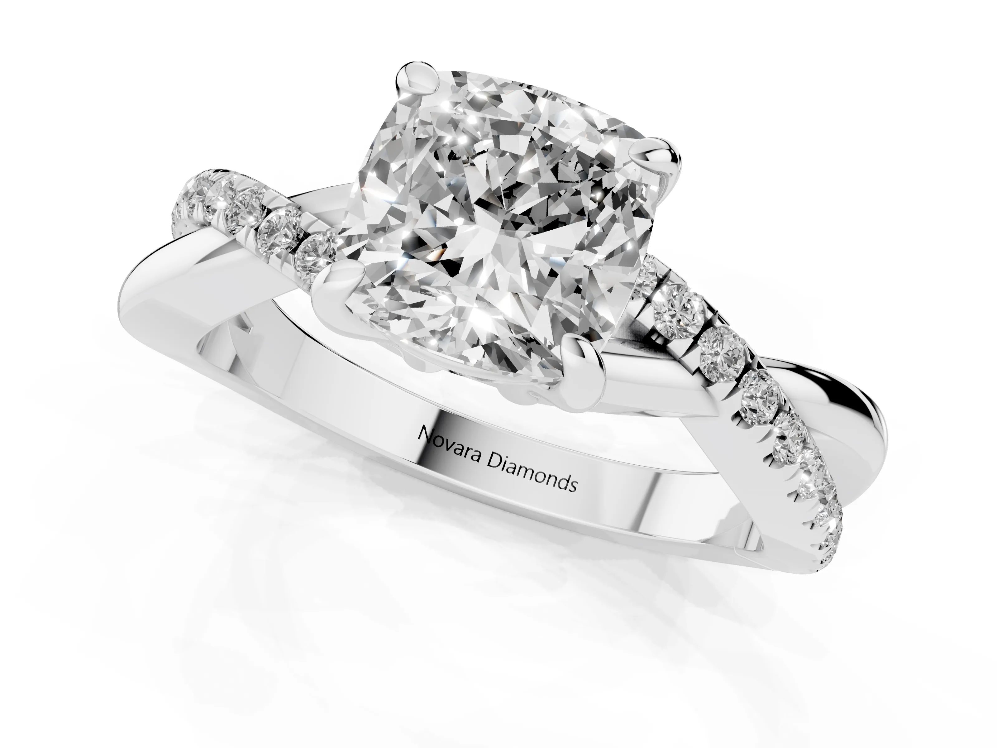 Cushion Cut Diamond Twist Band Pavé Solitaire Ring Set in Silver with Prong Setting