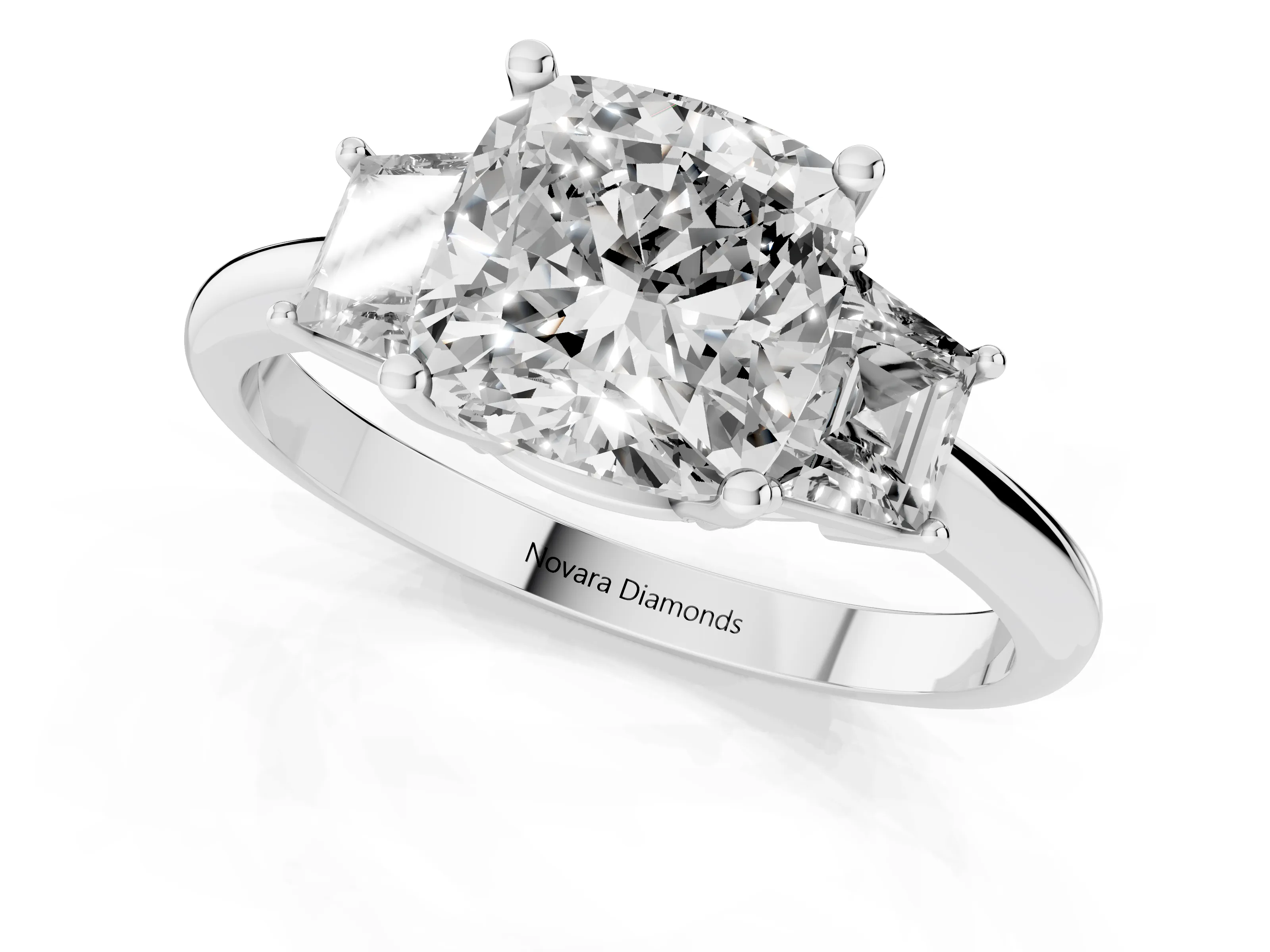 Cushion Cut Diamond Three-Stone Ring Set in Silver with Trapezoid Side Stones and Prong Setting