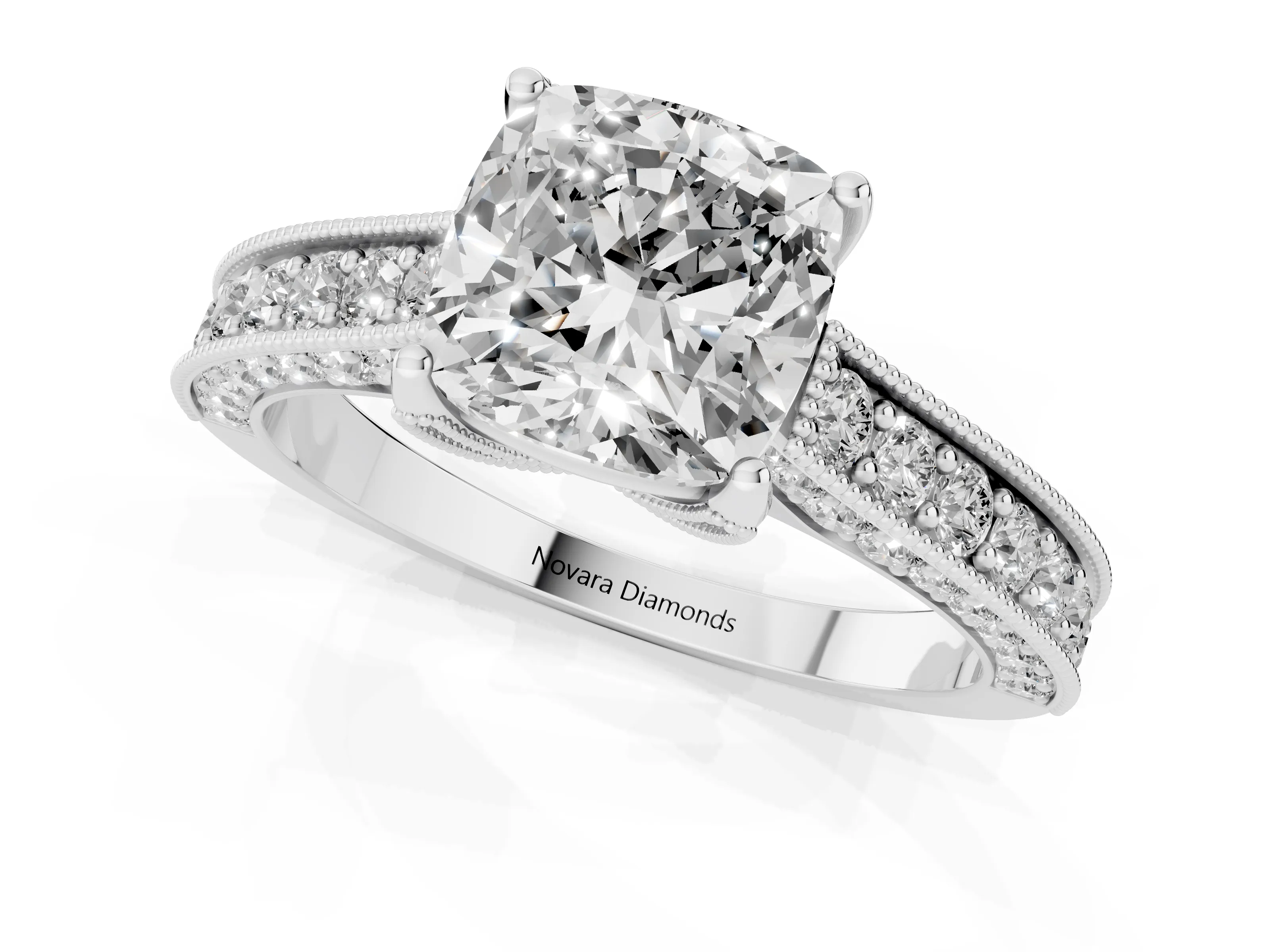 Cushion Cut Diamond Solitaire Ring Set in Silver with Milgrain-Edged Pavé Band and Prong Setting