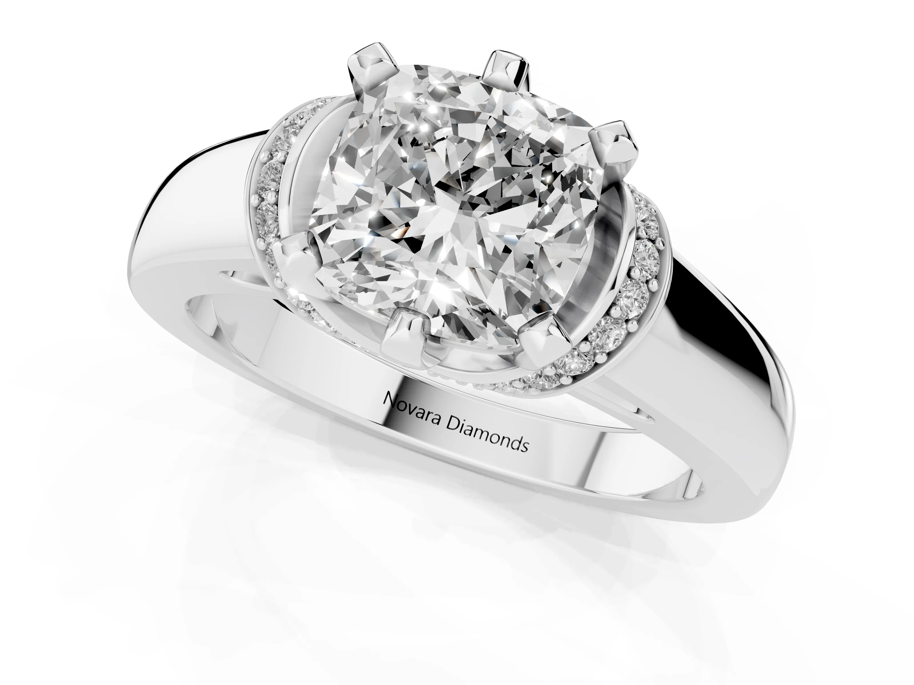 Cushion Cut Diamond Pavé Band Solitaire Ring Set in White gold with Prong Setting – second view