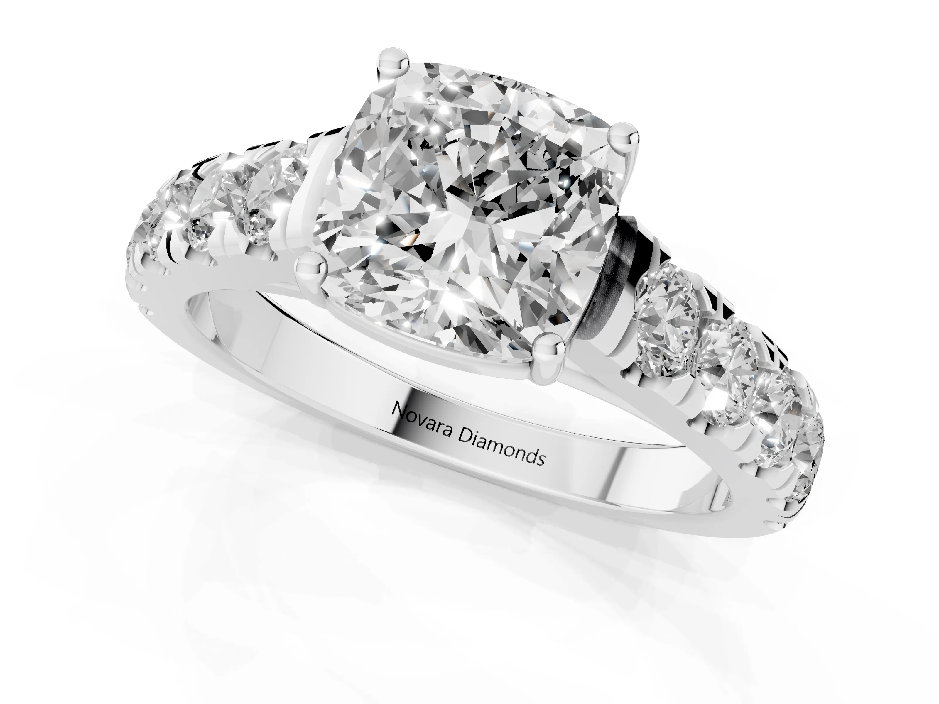 Cushion Cut Diamond Solitaire Ring Set in Silver with Cut-Down Micro Pavé Band and Prong Setting