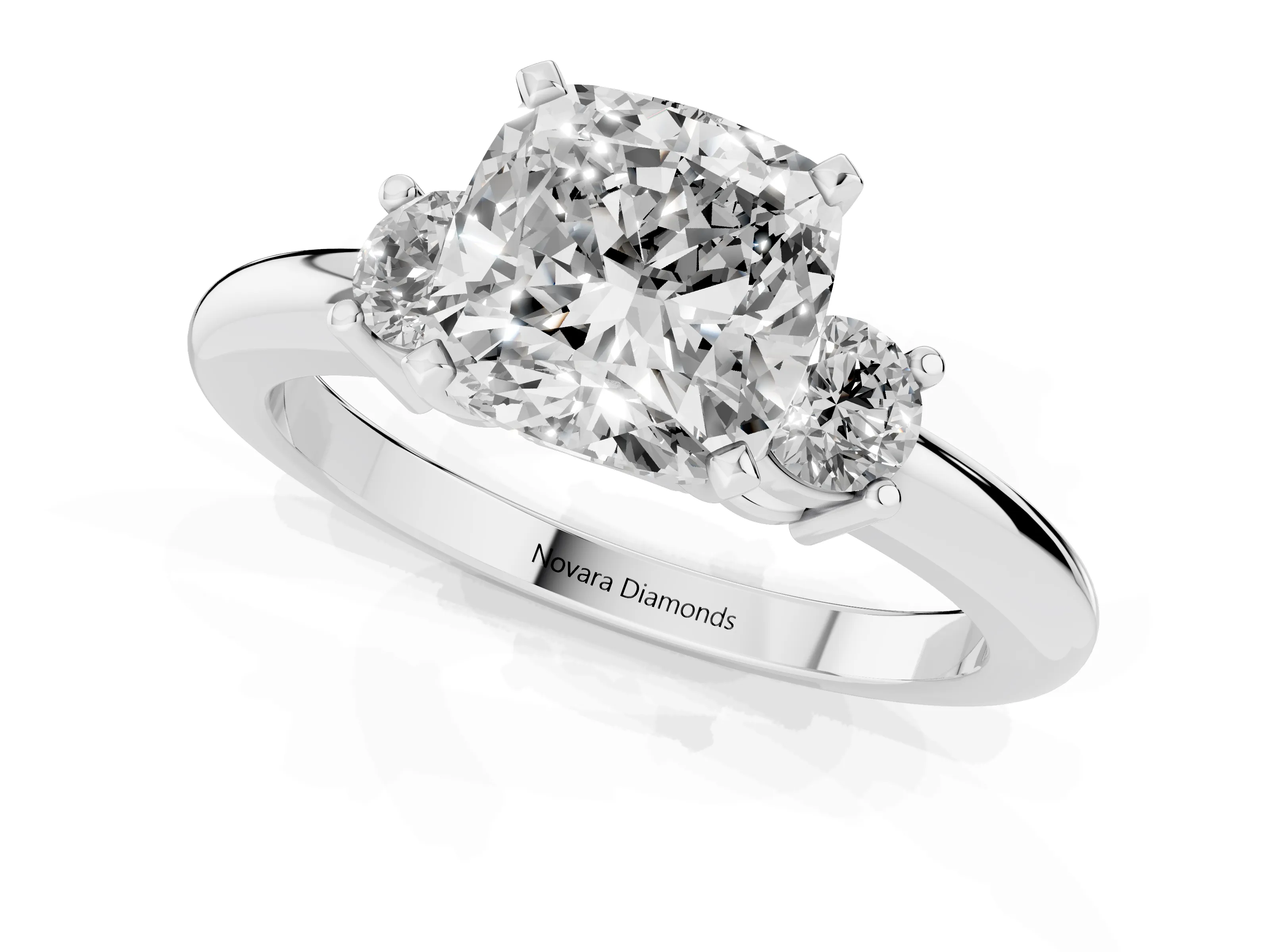 Three-Stone Cushion Cut Diamond Ring Set in White gold with Prong Setting and Plain Band – second view