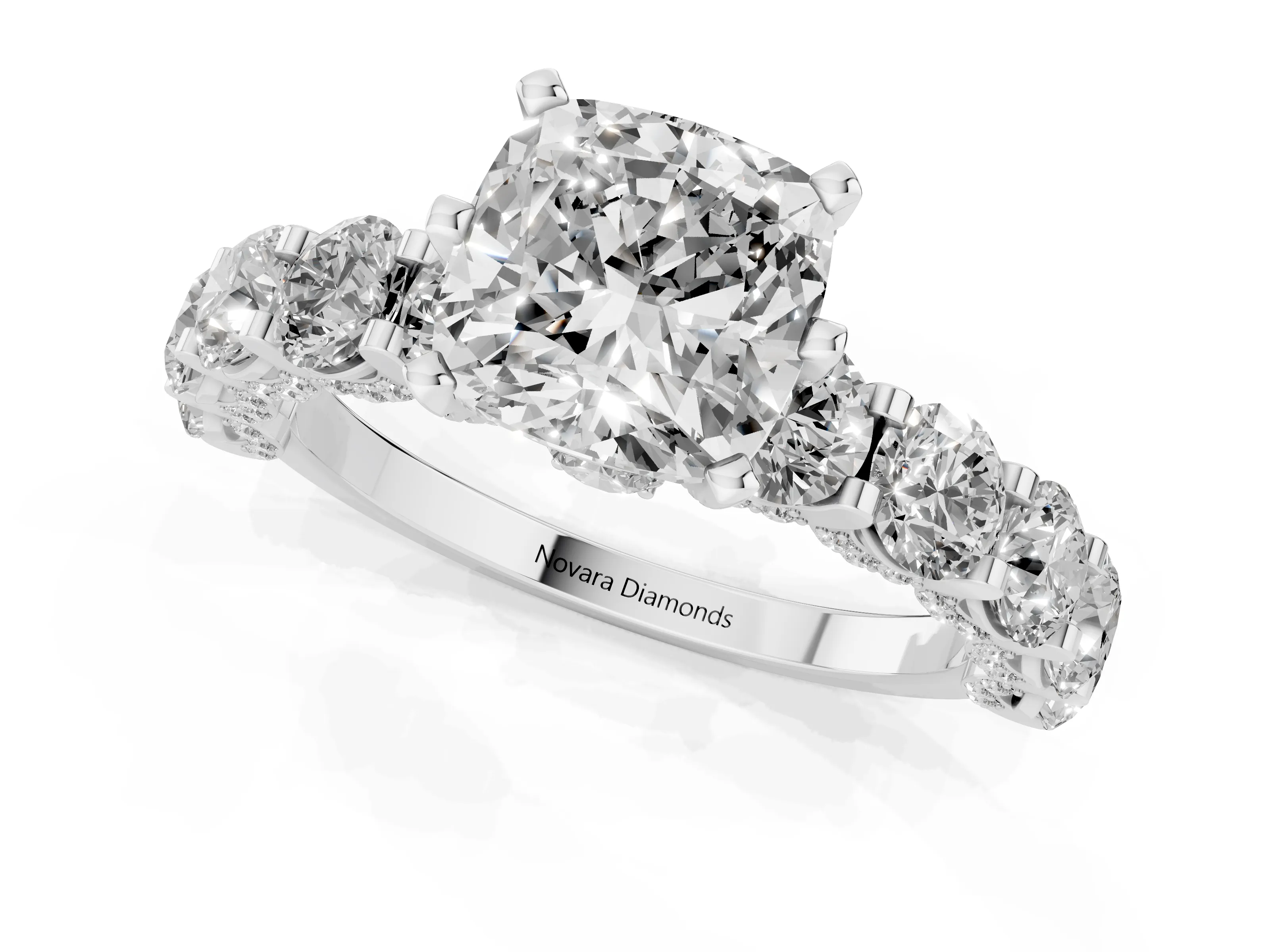 Cushion Cut Diamond Side Stone Ring Set in Silver with Alternating Round and Oval Side Stones