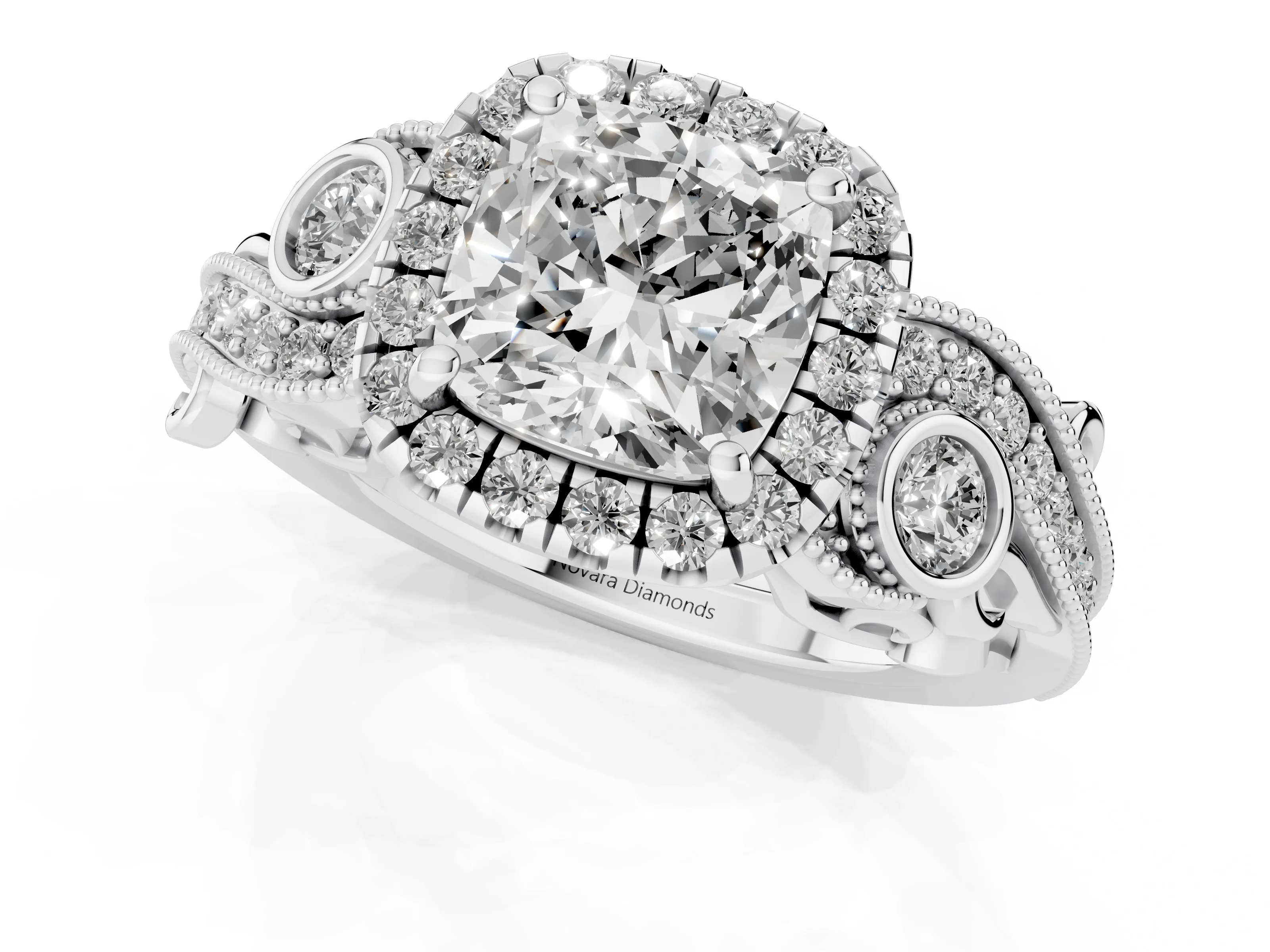 Cushion Cut Diamond Halo Ring Set in Platinum with Milgrain Pavé Band and Prong Setting
